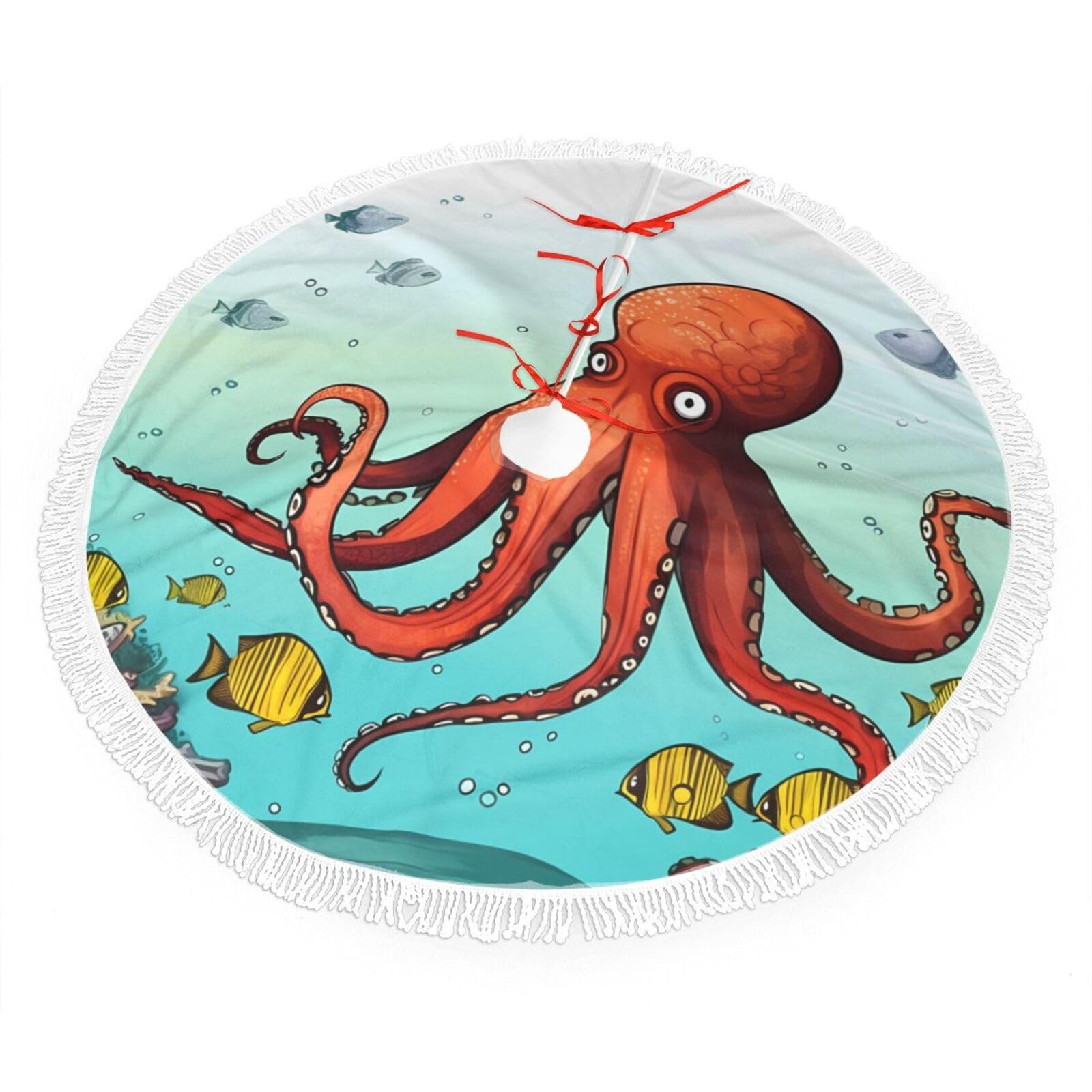 Giant Octopus Christmas Tree Skirt 36", Soft Plush Xmas Tree Carpet with Tassel Christmas Ornaments Winter Holiday Tree Mat Decoration for Home Party Supplies