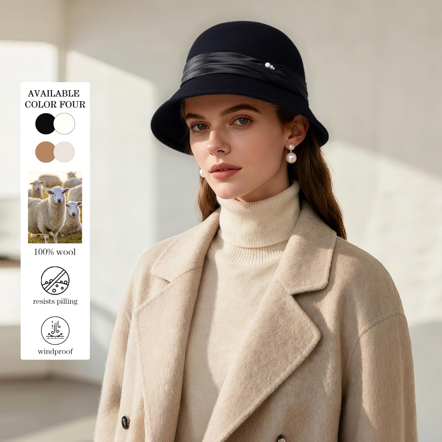 HH HOFNEN Women Cloche Felt Hat Winter Wool Bucket Hat Vintage Fedora Bowler Hat
