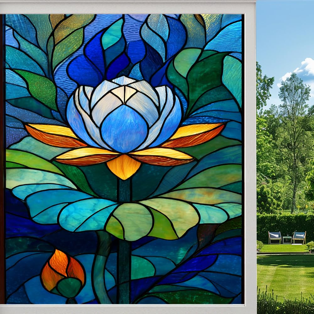 Pmlbaous Rustic Flowers Privacy Window Film, Colorful Natural Water Lily Frosted Self-Adhesive Vinyl Cling For Glass Doors Bathroom Windows Sun Blocking Heat Control, （80X140cm）