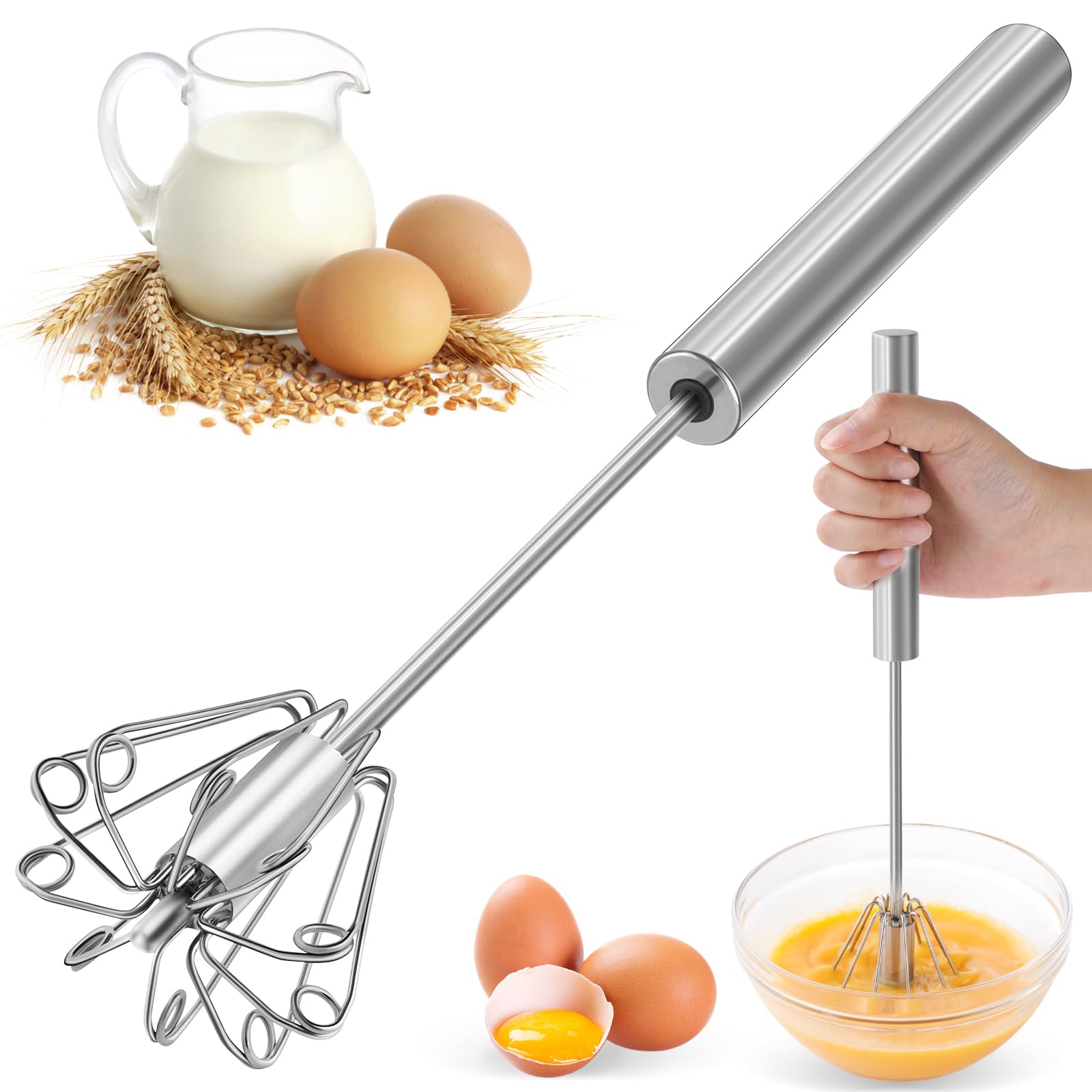 Photo 1 of 2026 Upgraded Semi-Automatic Stainless Steel Egg Beater – Hand Push Whisk for Baking, Cooking & Stirring – Perfect for Whisking Eggs, Batters & Creams – Effortless Mixing for Quick, Smooth (12in)