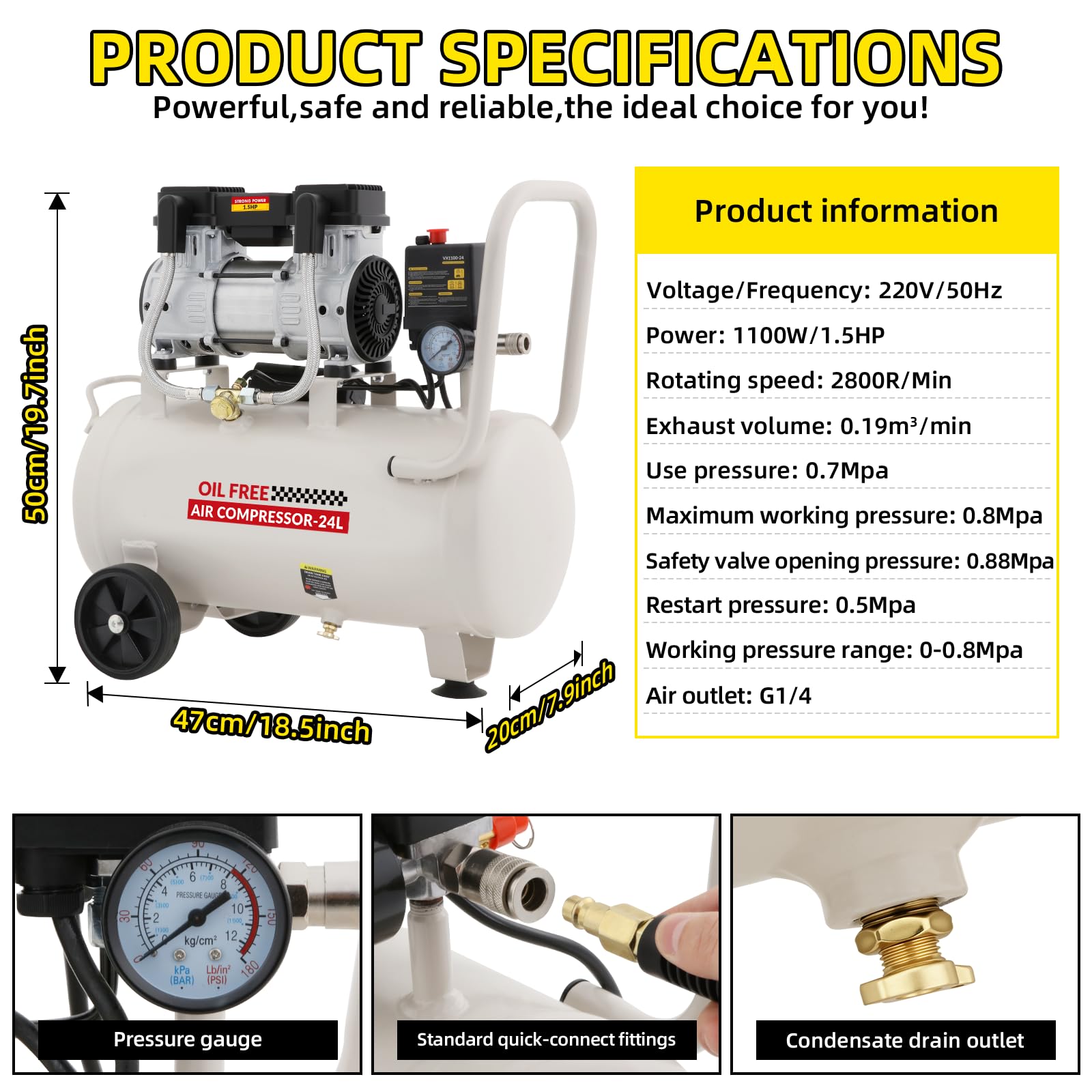 Compressore d'Aria Silenzioso,Compressore Aria Oil-Free, Serbatoio 24 Litri,1100 W/1,5 HP, Pressione Massima 8 bar,Rumorosità 60 dB con Tubo Dell'aria da 10M