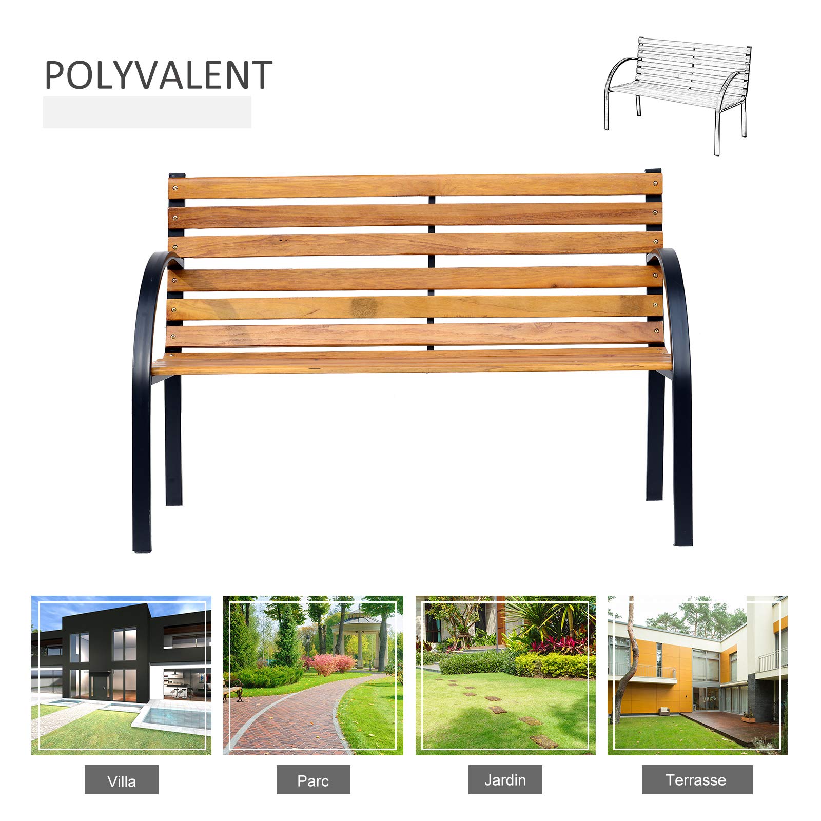 Outsunny Banc de Jardin 2 Places Style Rural Chic Assise Dossier à Lattes Bois Naturel lasuré châssis Acier époxy Noir