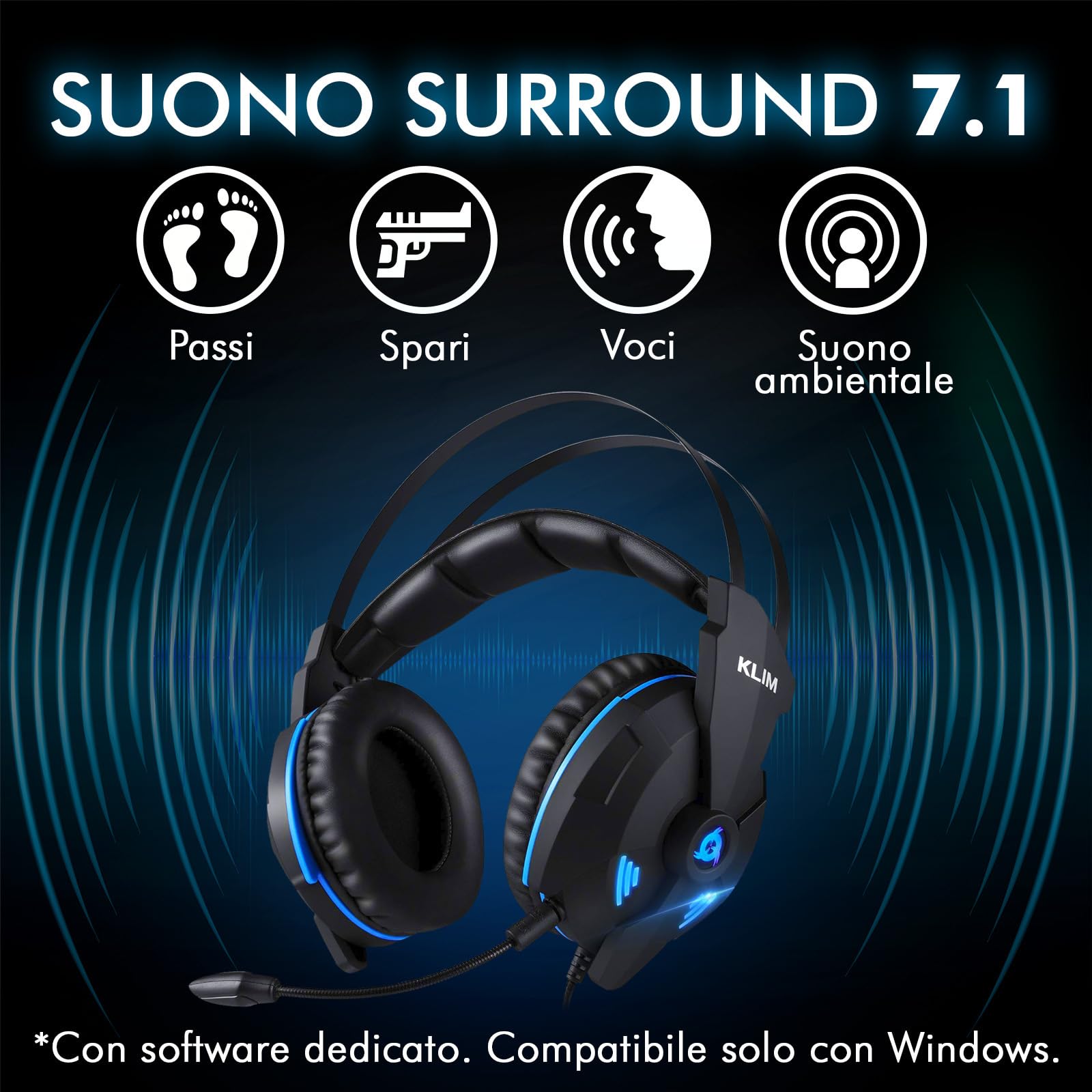 KLIM IMPACT V2 Cuffie Gaming USB con Microfono - Gamer Headset - Suono Surround 7.1 + Cuffie PS5 con Isolamento del Rumore - Audio ad Alta Definizione + Per PC PS4 PS5 + Nuova versione