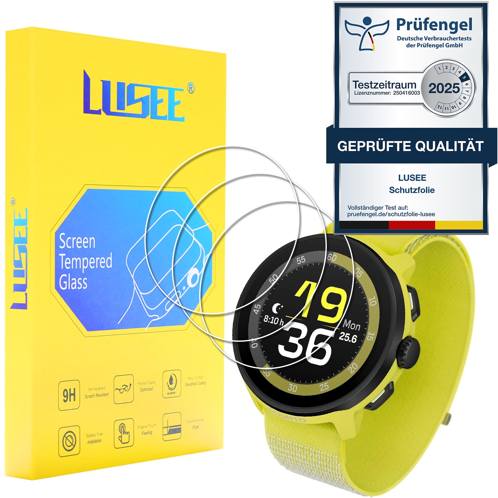LUSEE 3 Piezas Protector de Pantalla para Suunto Run Cristal Vidrio Templado [Dureza 9H] [Alta Definición] [Resistente a los arañazos] HD Protector