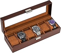 ProCase Espresso 6-Slot Watch Box Organizer with Glass Lid - Premium PU Leather Display Case for Men Women Watches Storage