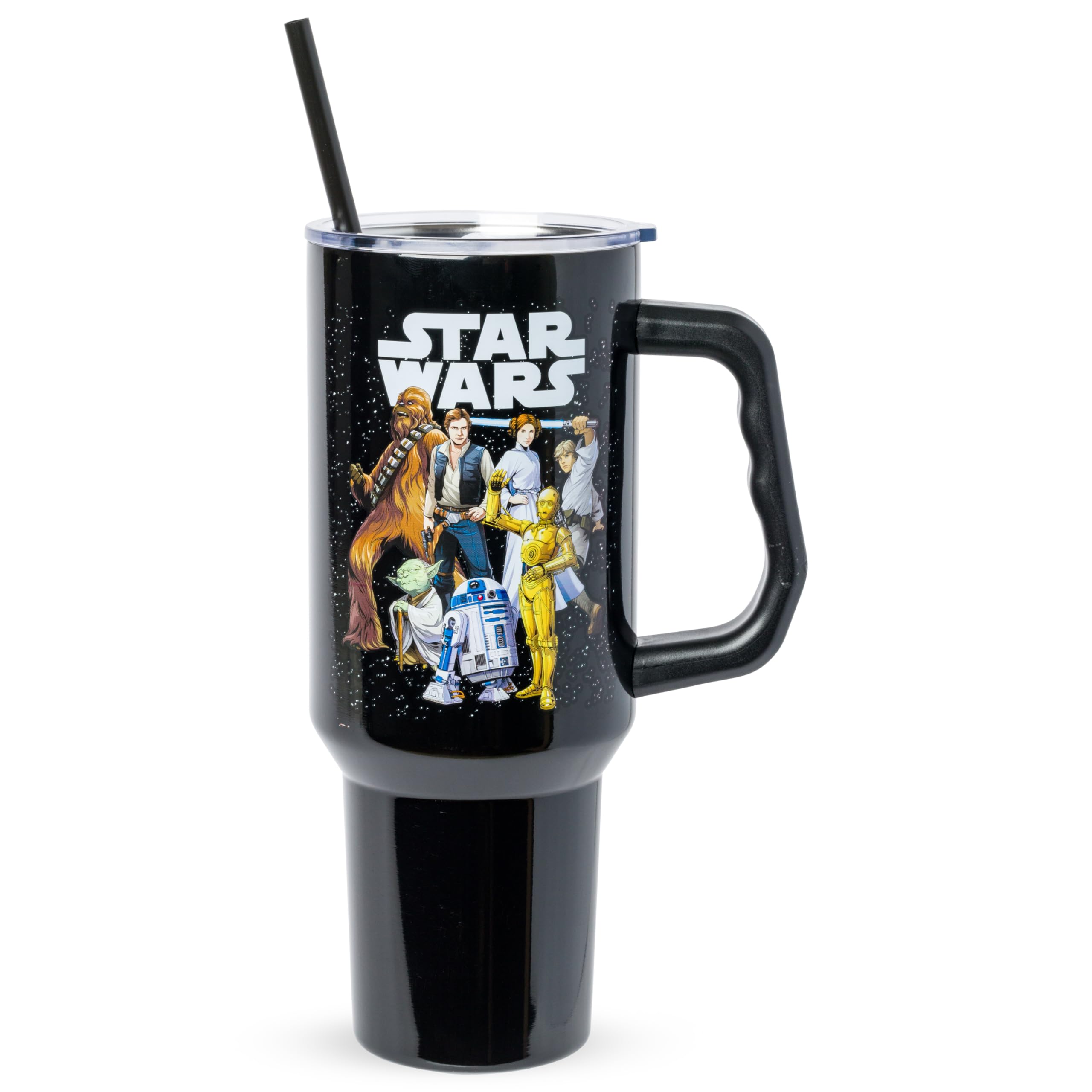 Star Wars Chewbacca, Yoda, R2-D2, C-3PO, Princess Leia, Han Solo, Luke Skywalker Double Walled Stainless Steel Tumbler with Handle and Straw, Fits in Standard Cup Holder, 40 Ounces