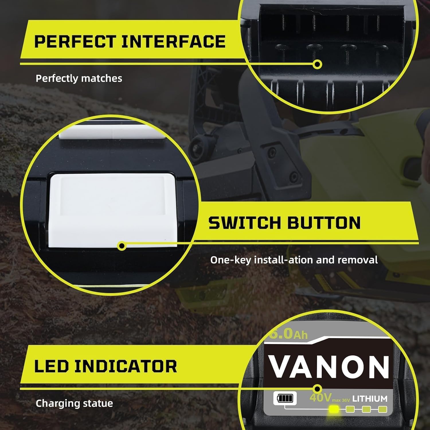 VANON 6000mAh High Capacity 40V Lithium Battery 2-Pack Replacement for Ryobi 40V Battery - Compatible with OP4040 OP40601 OP40261 OP40401 OP40501 Lawn Mower Leaf Blower | Long Runtime & Fast Charging