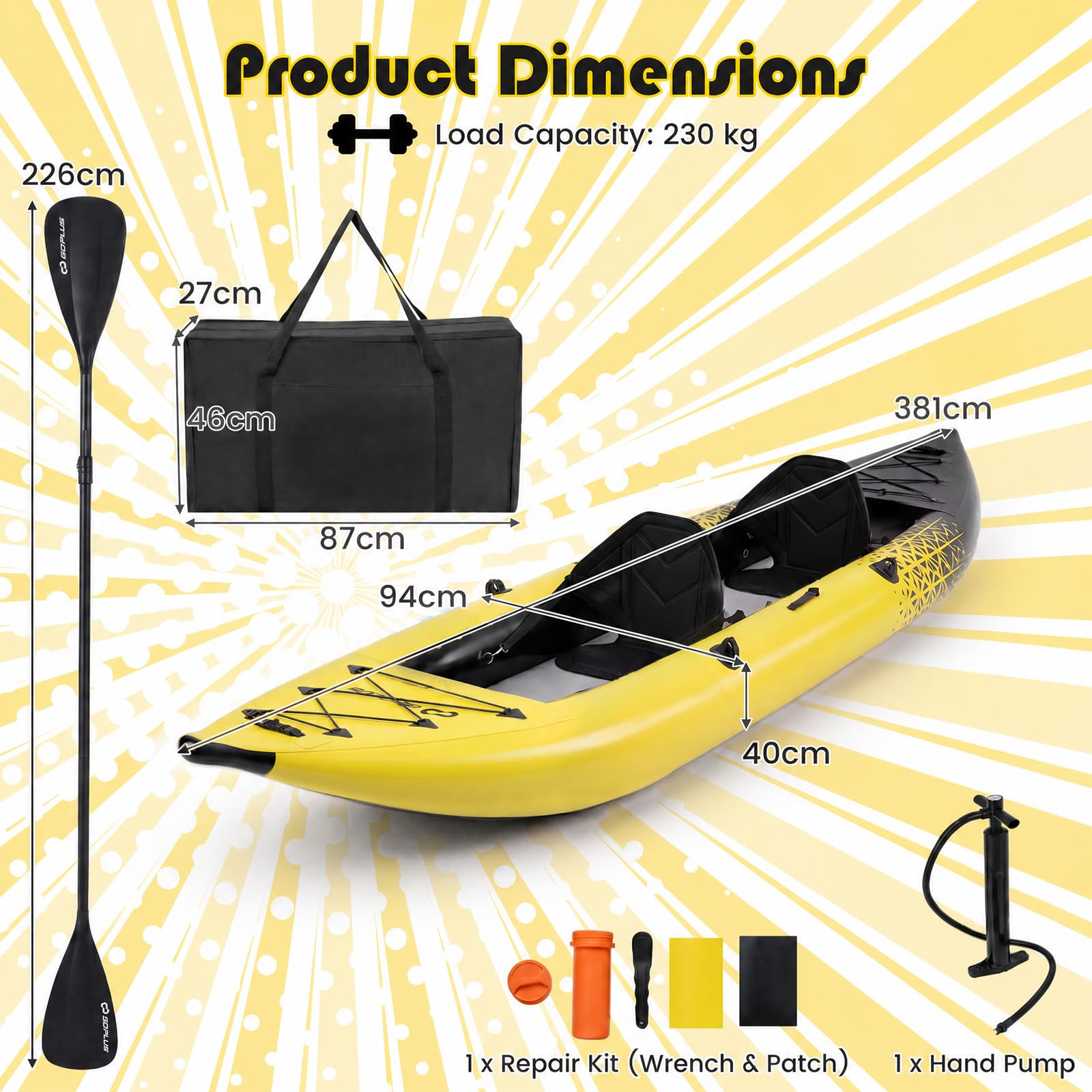 HOMASIS Kayak Gonflable 2 Places en PVC, Canoë Gonflable avec 2 Palettes Réglables, Sac de Transport, Pompe à Main et Kit de Réparation, Bateau Gonflable Mer pour Adultes, 382x94x40cm
