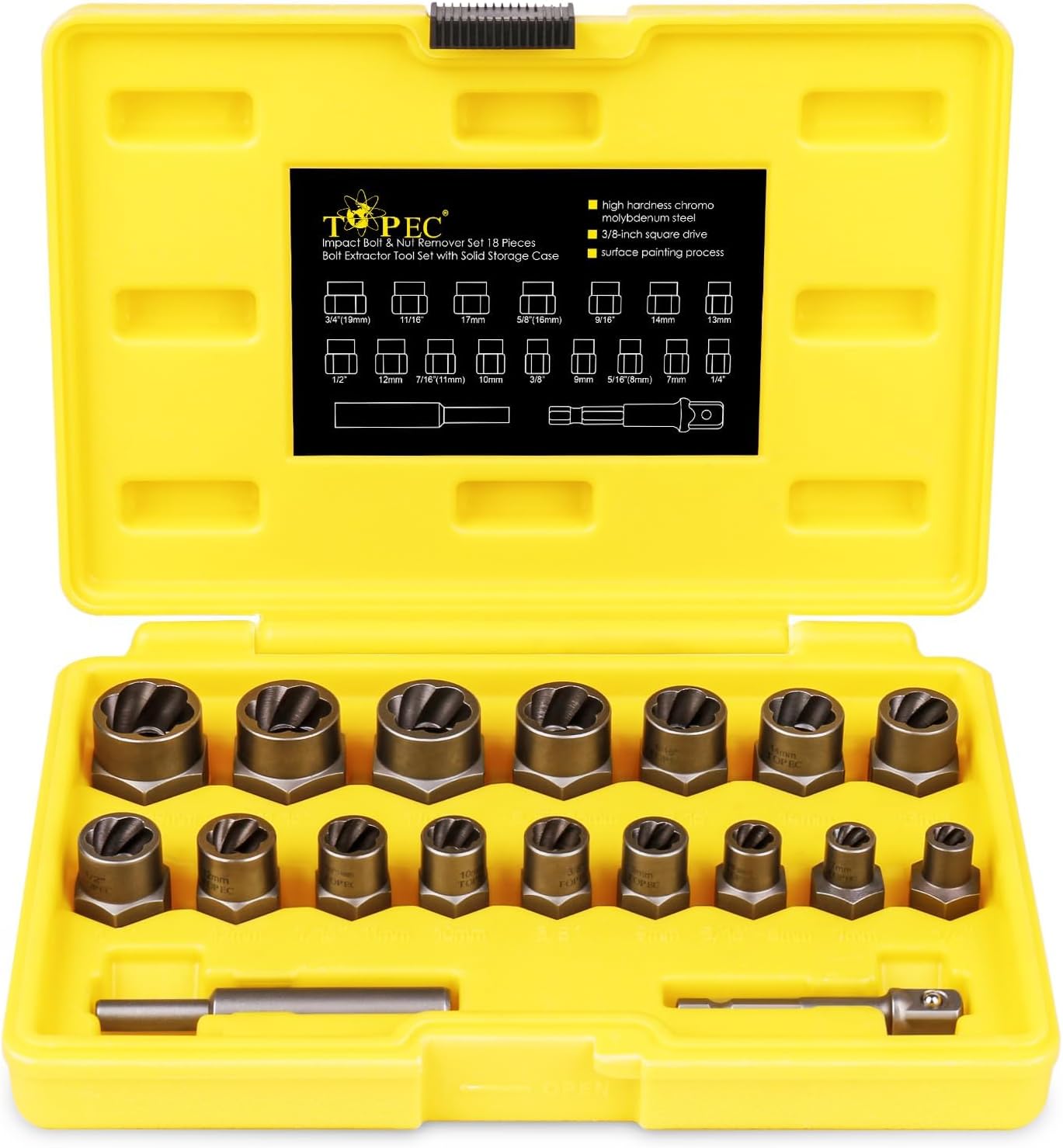 TOPEC 18-Piece Bolt Extractor Set, Rounded Bolt Remover Tool, Impact Bolt & Nut Extractor Set, 3/8" Drive Bolt Extractor Kit, for Removing Stripped, Damaged, Frozen, Rusted, Rounded-Off Bolts & Nuts