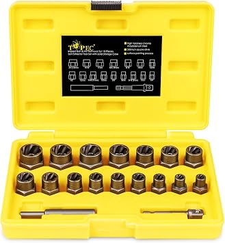 TOPEC 18-Piece Bolt Extractor Set, Rounded Bolt Remover Tool | 3/8" Drive Impact Bolt & Nut Extractor Set, for Removing Stripped, Damaged, Frozen, Rusted, Rounded-Off Bolts & Nuts