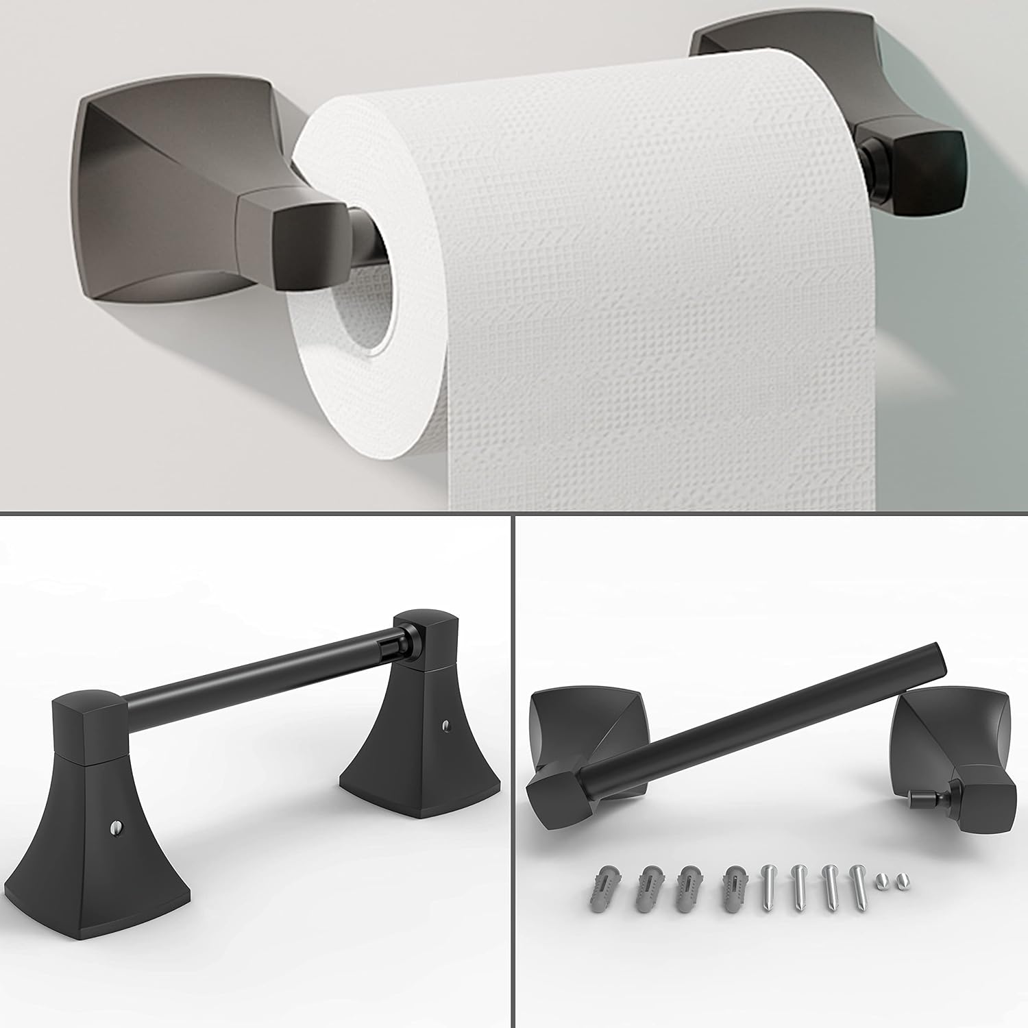 Bathroom Hardware Set 2 Pieces Toilet Paper Holder and Hand Towel Ring Wall Mounted Stainless Steel and Zinc Alloy Matte Black