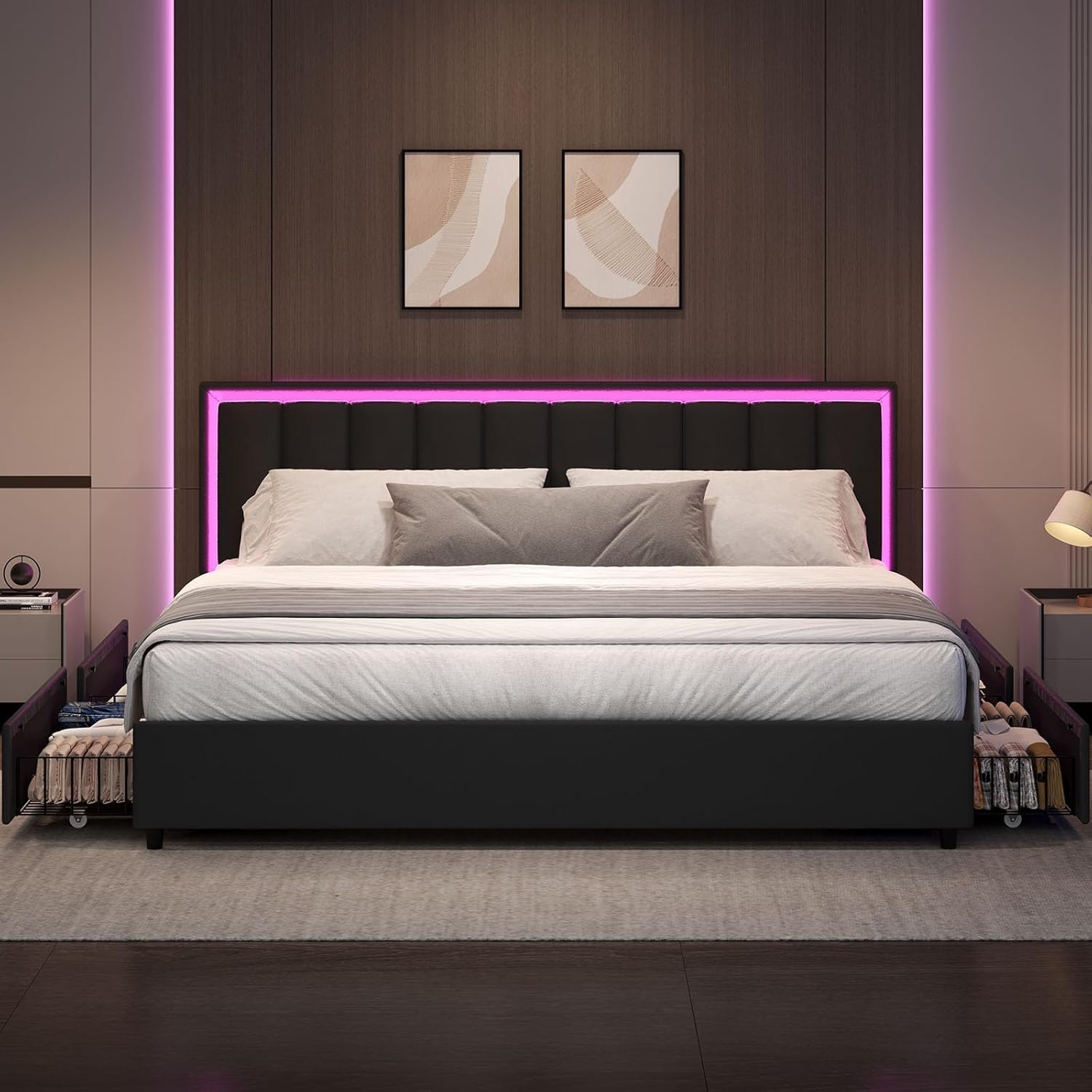 IMMERSTABLE Bed Frame King Size with 4 Drawers, King Bed Frames with LED Lights, Upholstered Bed Frame King and Headboard, No Box Spring Needed, Noise-Free, Easy Assembly, Black