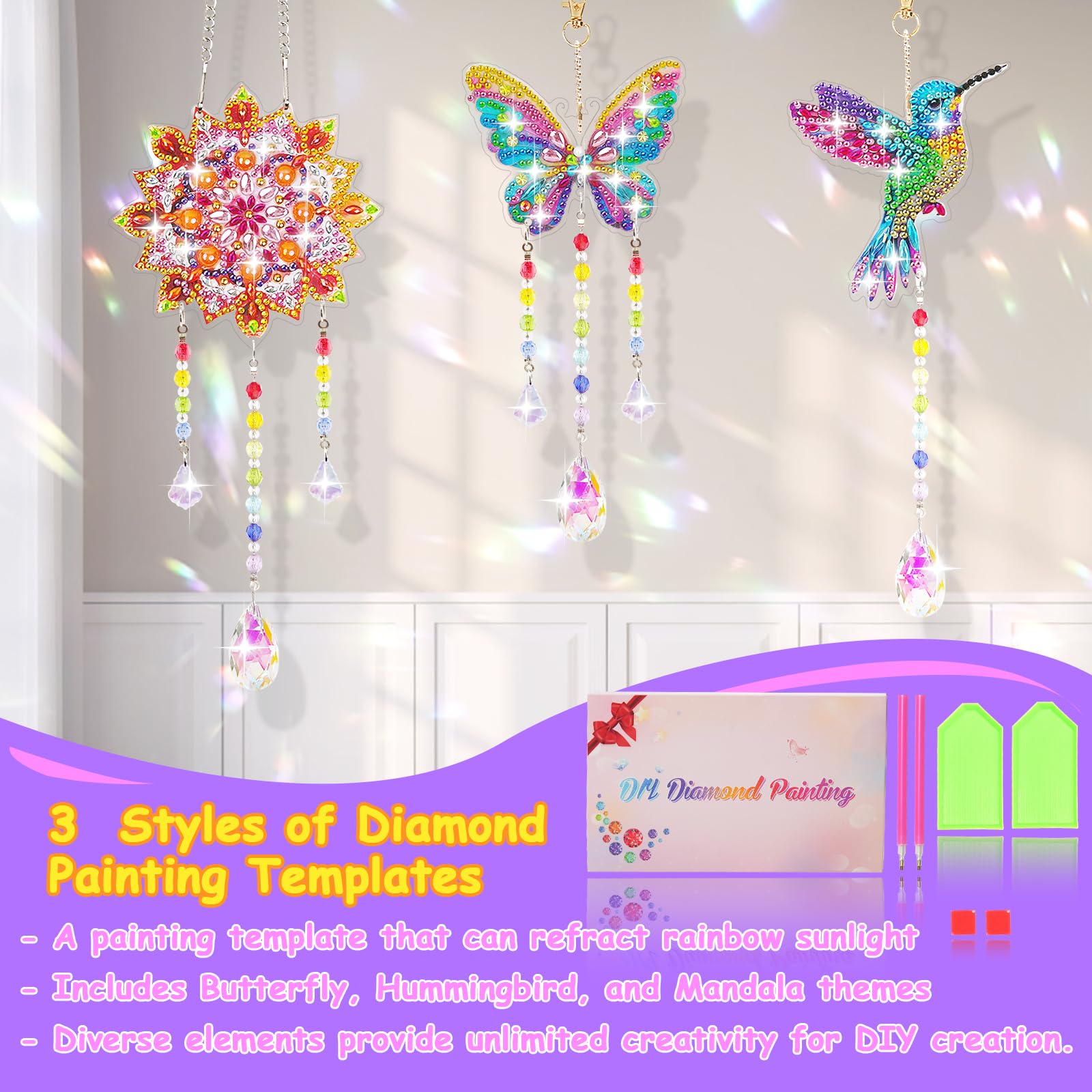 Arts and Crafts Kits,Gifts for 6 7 8 9 10 11 Year Old Girls,3 PCS Diamond Painting Suncatcher Kit,DIY Diamond Art Kits Wind Chimes for Adults Teens - Image 4