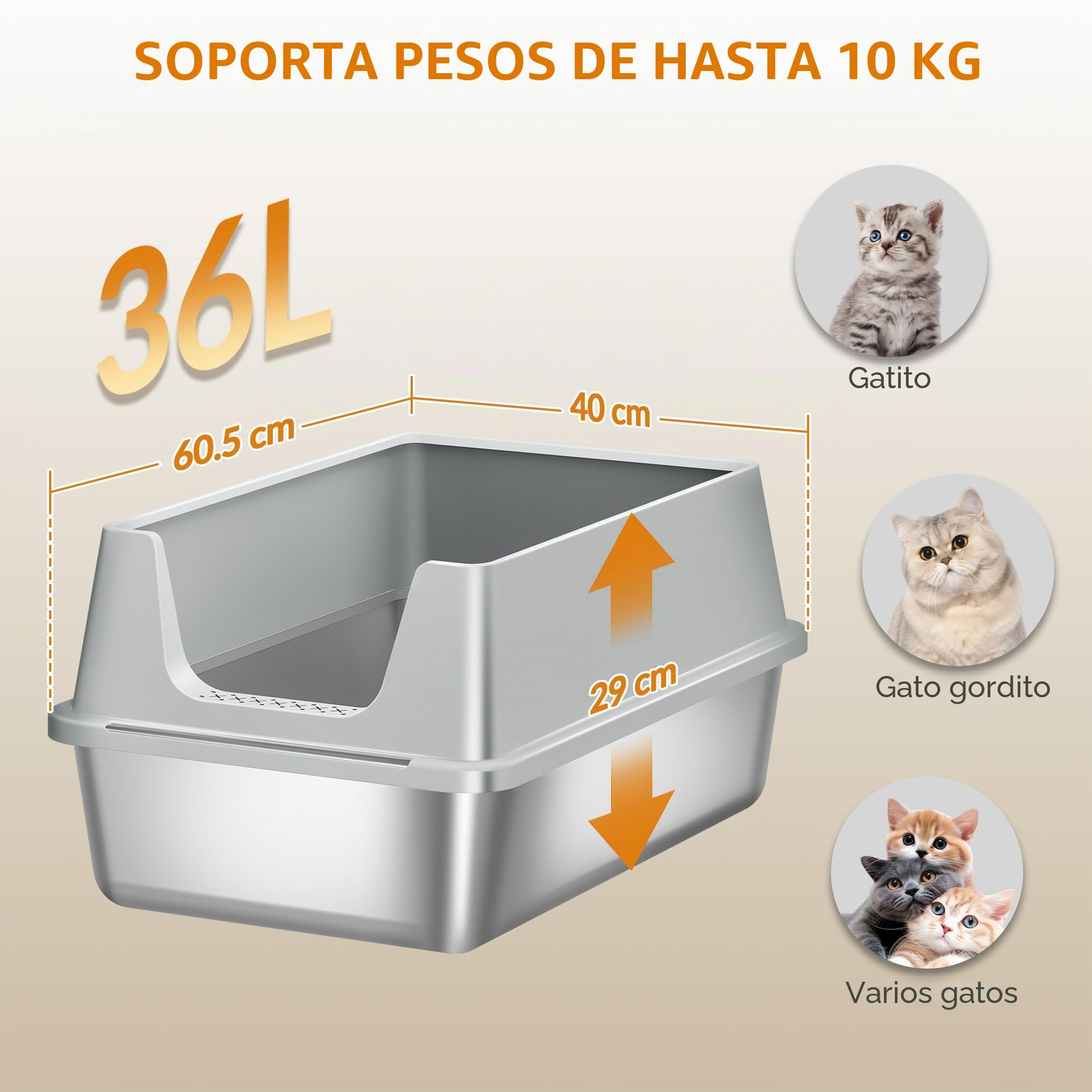 Arenero Acero Inoxidable Gatos XXL, 60,5x40x29cm, Gris Claro | Arenero Metalico para Gato, Caja de Arena Grande para Gatos, Laterales Altos, Incluye Pala, Fácil de Limpiar FPLB003SG1