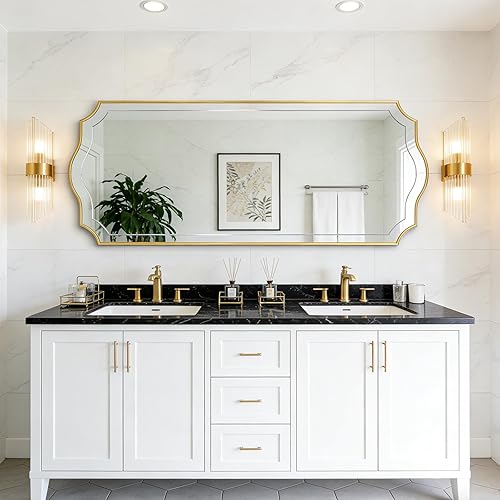 Miniatura 11 de POZINO Espejo de baño dorado, espejo rectangular moderno de 24 x 36 pulgadas para sobre el fregadero, espejos festoneados con marco de madera,