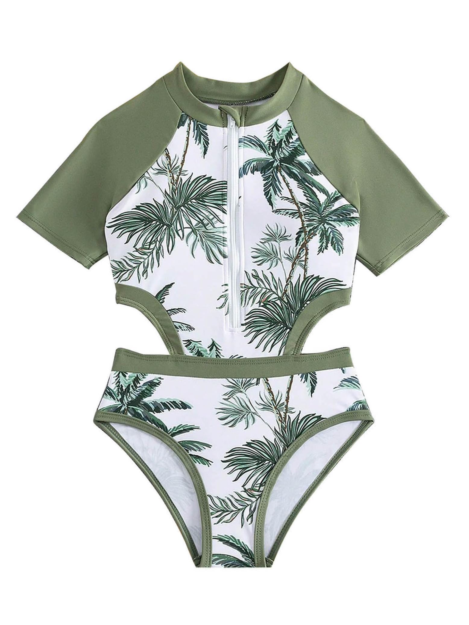 Eandarui Kids Girls One Piece Short Sleeve Coconut Tree Print Bikini Cutout Zipper Swimsuit Beach Bathing Suit Green 10-11 Years