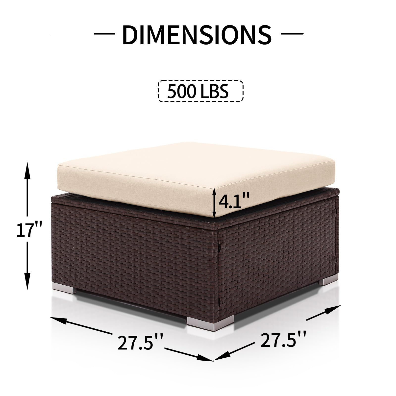 NICESOUL Modern Luxury All-Weather Outdoor Wicker Ottoman Set of 2, 500 Lbs Alloy Steel Frame Footrest, Large Size Wide Deep Seat 2-Piece Rattan Foot Stool with Padded Cushion for Patio, Brown & Beige