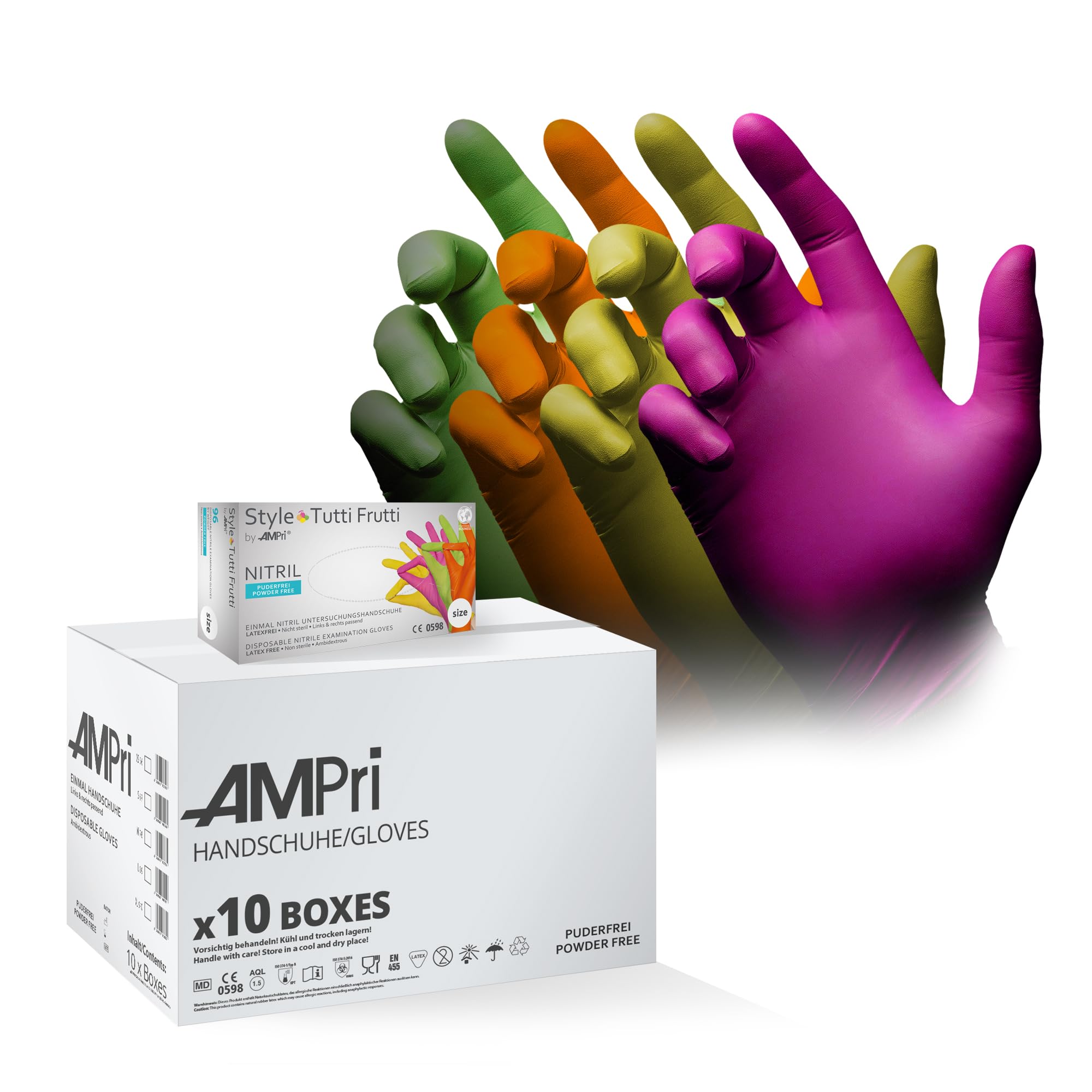 AMPRI Nitrilhandschuhe, bunt, Farbenmix, 10 Box a 96 Stk, Größe S, puderfrei, Style tutti frutti by Med-Comfort: Nitril Einmalhandschuhe, Einweghandschuhe in den Größen XS, S, M, L, XL