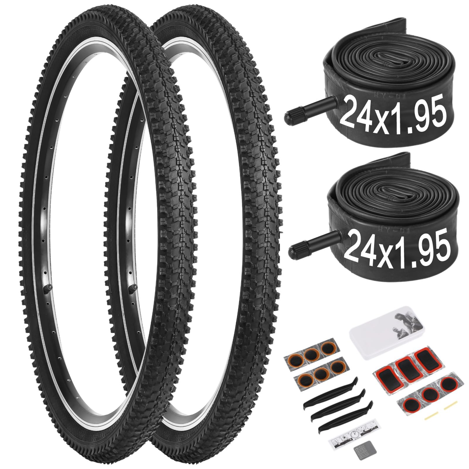 24 Inch Bike Tire, 2 Pack 24x1.95 Bicycle Tire and Tube with Repair Kit, Folding Portable MTB Tires, Replaceable 24 x 1.95 Bike Tire with Inner Tubes and Levers,24 Mountain Bike Tire for City Roads