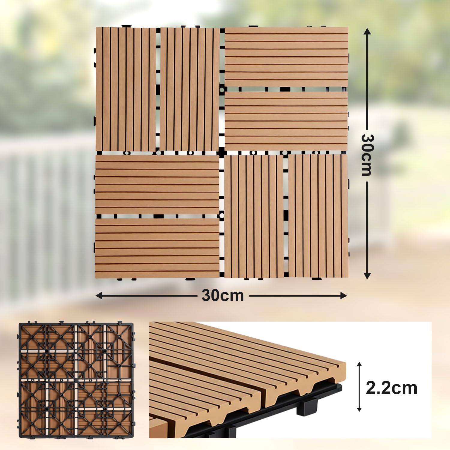 Piastrelle in WPC per terrazza, teak, 30 x 30 cm, 66 pezzi per 6 m² | Piastrelle a scatto effetto legno, facili da pulire per balconi, terrazze e giardini