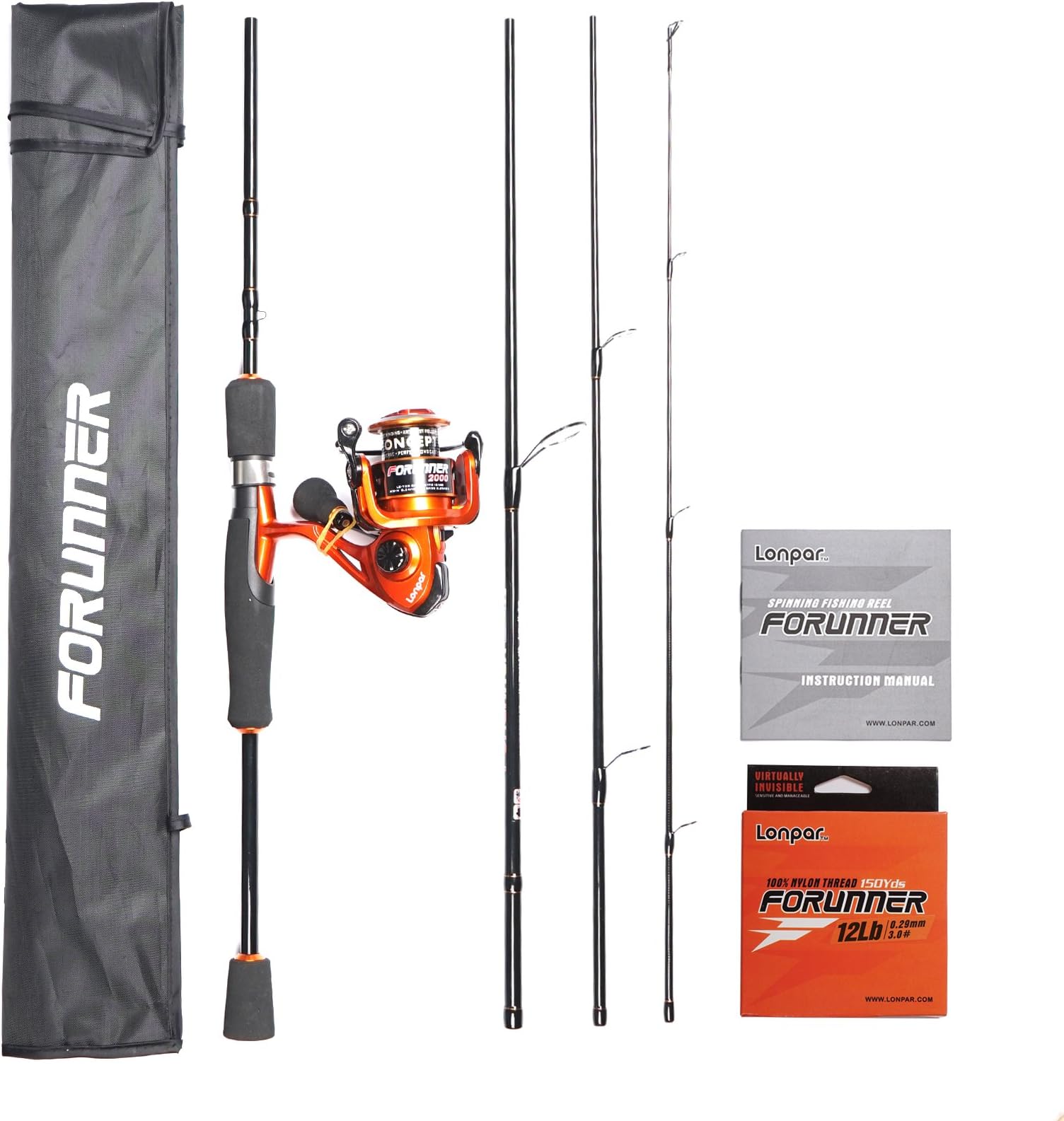 LONPAR Forunner Graphite 4 Pieces Spinning Rod and Reel Combos, Travel Portable Spinning Rod with Spinning Reel, Saltwater Freshwater Fishing (6'6'' FT 4 Pcs Mid Rod+2000 Reel+12LB Nylon Line)