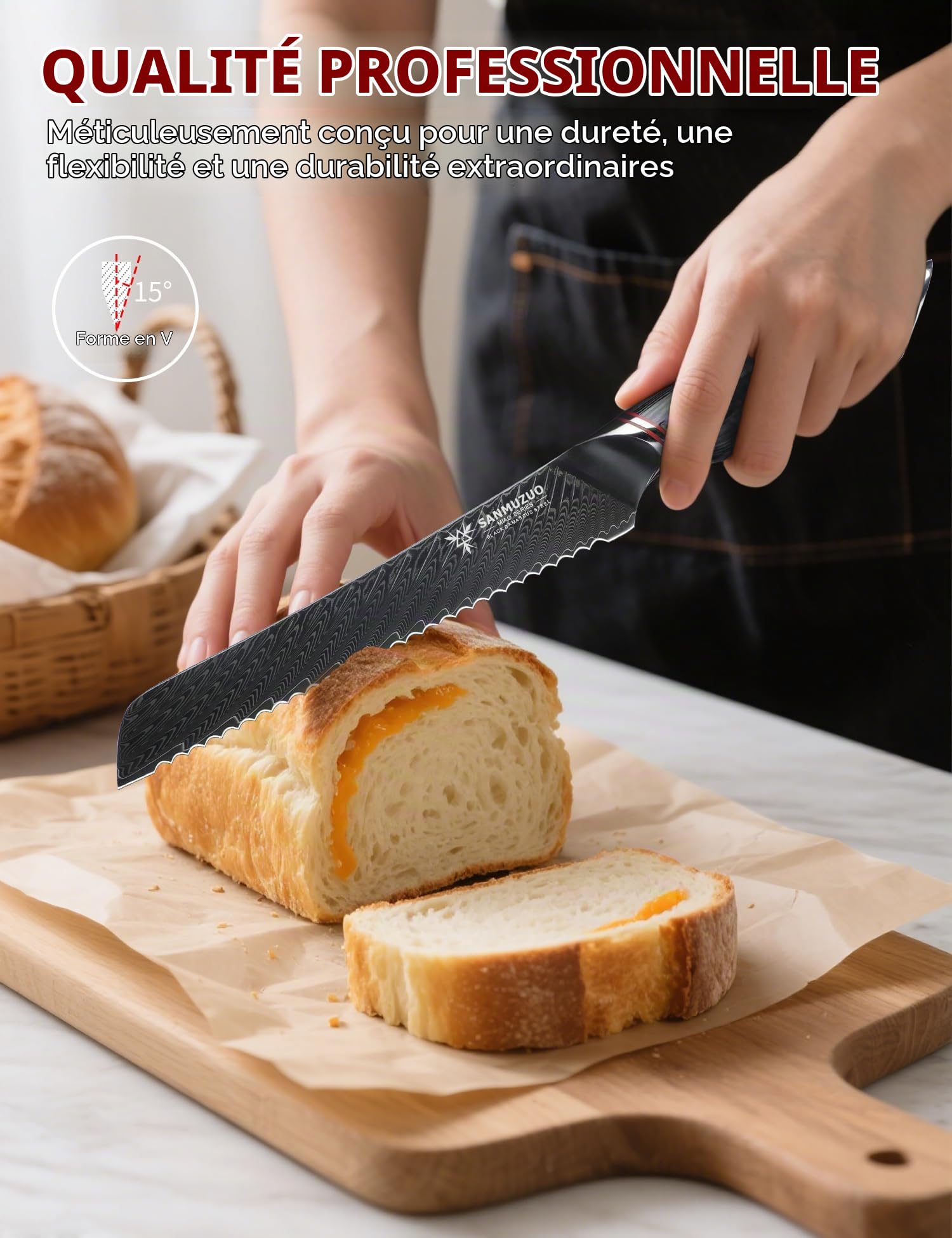Couteau à pain 20 cm - Lame dentelée - Acier Damas noir avec manche ergonomique - Série MIAO