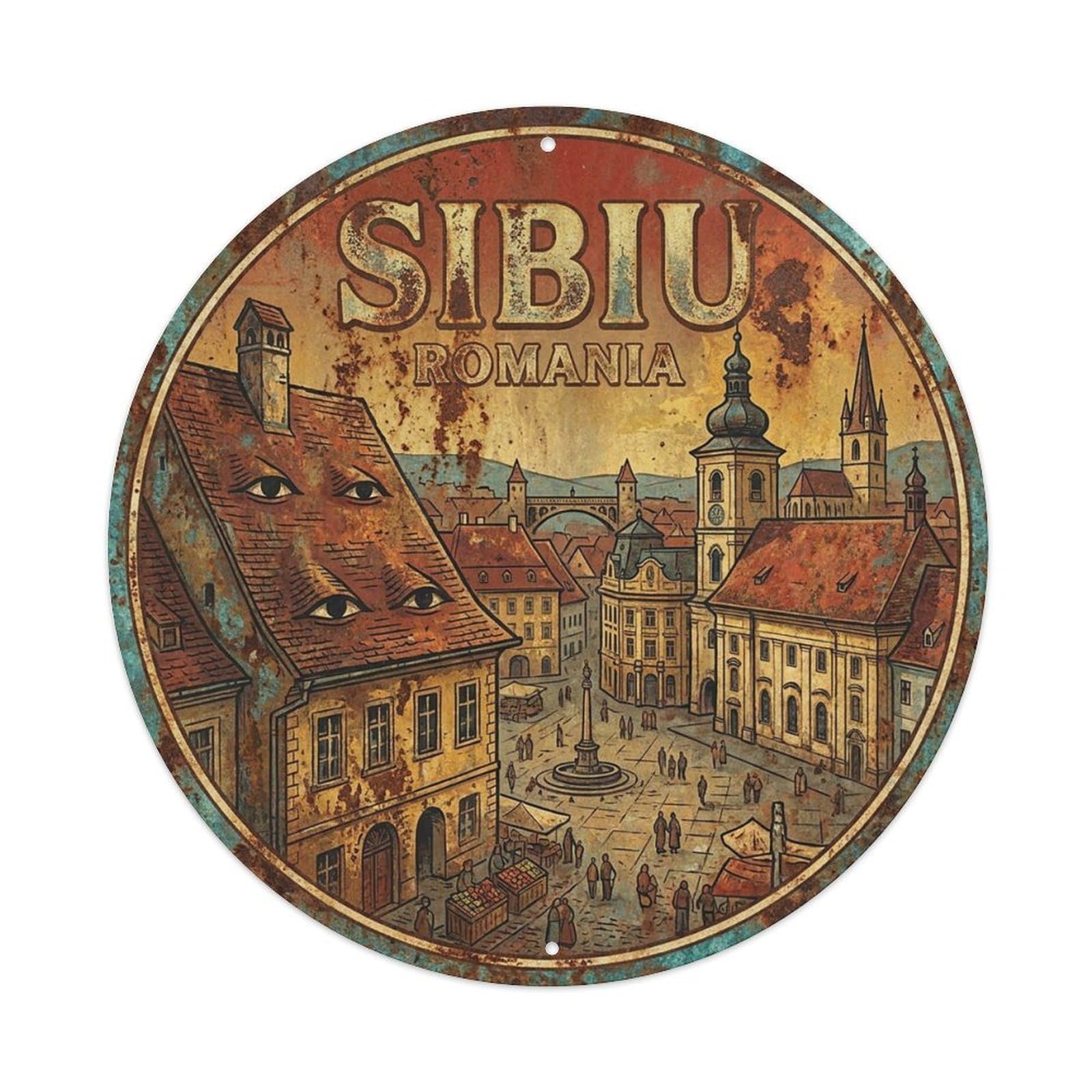 Yrnq 8X8inch Vintage Style Romania Vintage Travel Sibiu Metal Tin Sign