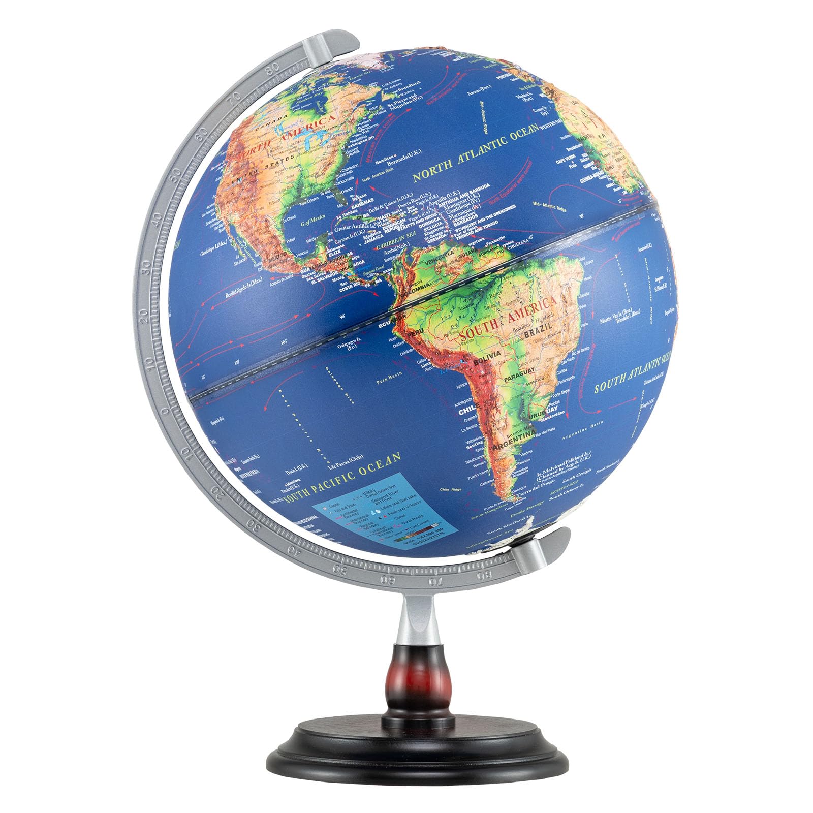 LIFEZEAL 30 cm Globo Terrestre illuminato con illuminazione a LED,Globo da ufficio educativo con rilievo geografico e fusi orari, Gobe geografico con base in legno stabile per studio e decorazione I