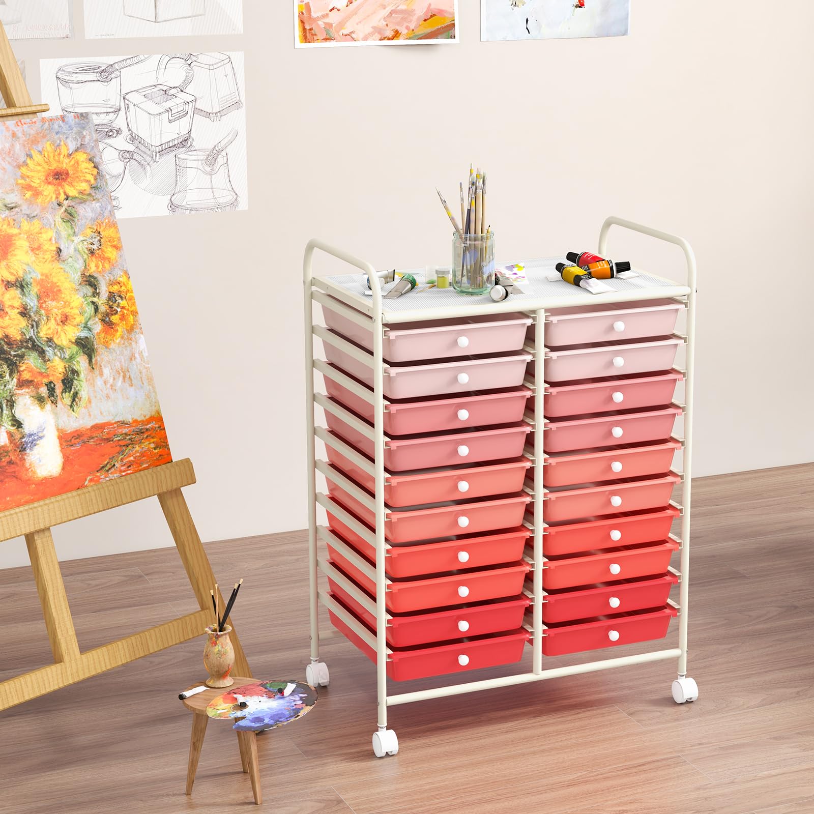 COSTWAY Chariot de Rangement à Roulette 20 Tiroirs en PP, Tour de Rangement avec Tablette, Cadre en Métal, Desserte Meuble Tiroir pour Cuisine École (XL | 20 tiroirs,Rose+Blanc)