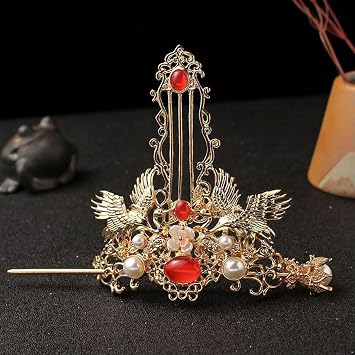 Retro Chinese Hair Crown Golden Tiaras and Crowns Pearl Headbands with Hair Sticks Vintage Hair Jewelry