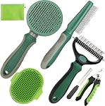 Pet Grooming Kit - 7 PCS Green Deshedding Brush Set with Undercoat Rake, Slicker Brush, Bath Brush & Nail Clipper for Short & Long-Haired Dogs and Cats