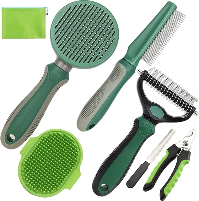Pet Grooming Kit - 7 PCS Green Deshedding Brush Set with Undercoat Rake, Slicker Brush, Bath Brush & Nail Clipper for Short & Long-Haired Dogs and Cats