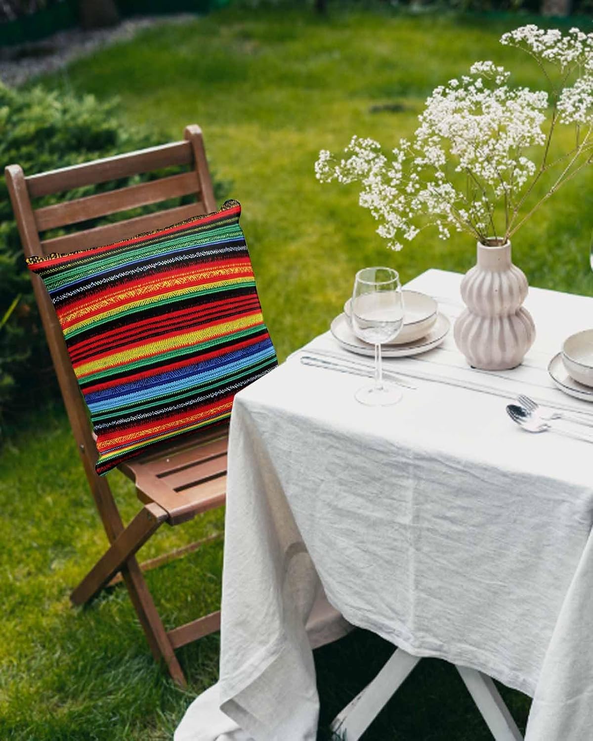 Outdoor Waterproof Throw Pillows Green Blue Red Mexican Stripes Patio Pillows Pack of 2,Decorative Pillow Covers with Insert,Pillow Cushion Case for Garden Couch Sofa Yellow Ethnic Line