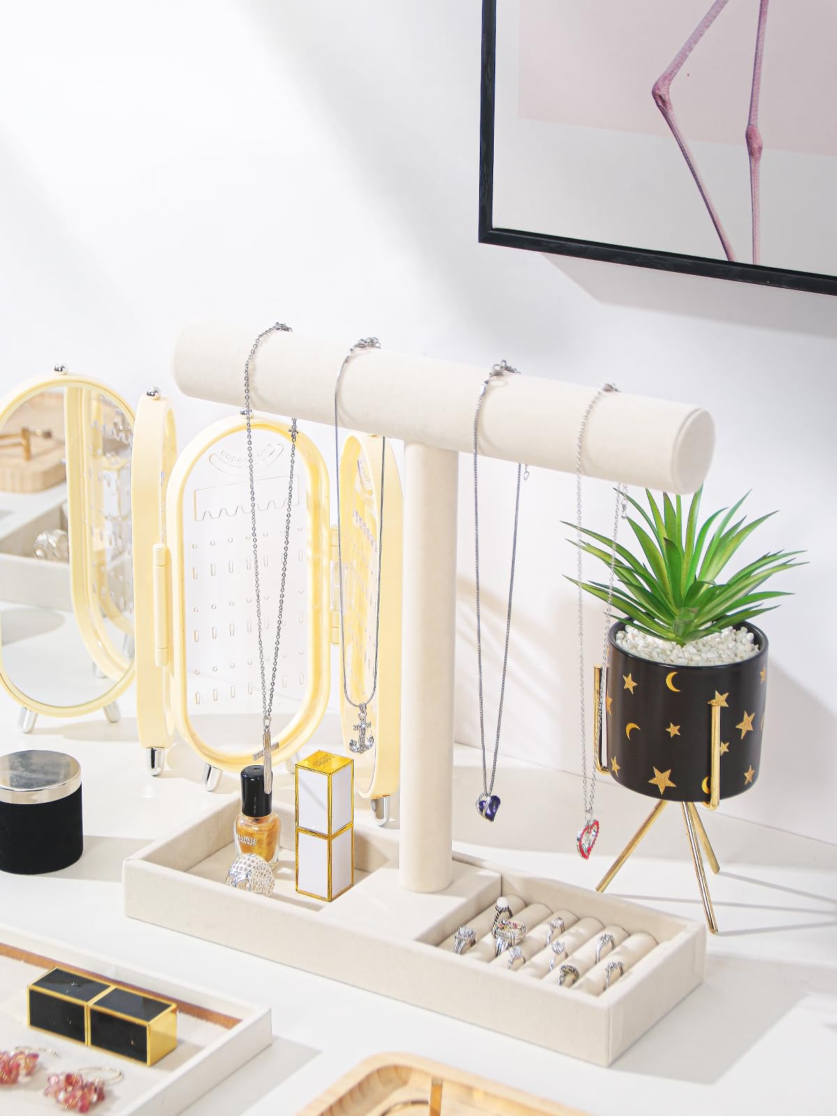 Pangkeep Sieradenhouder standaard, 2 Tier Ketting Armband Organizer met Dienblad, Sieraden Displays voor Verkoop Armbanden Scrunchie Haarbanden Horloges en Kettingen (Beige