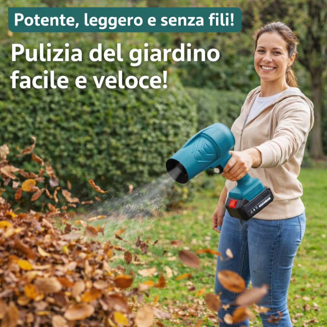 Soffiatore a Batteria 48V Soffiatore Foglie Portatile Senza Fili Mini Turbocompressore Velocità Aria 146 kmh con 2 Batterie per Giardino Auto Casa