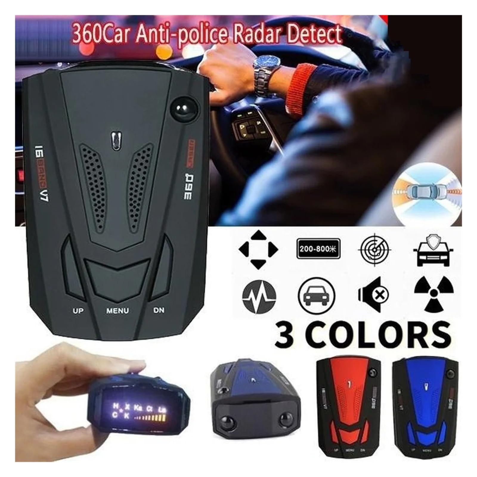 Détecteur De Radar De Voiture 16 Bandes 360, Système D'alarme De Vitesse Automatique, Caméra Anti GPS, Détecteur Laser avec Alerte Vocale(Blue)