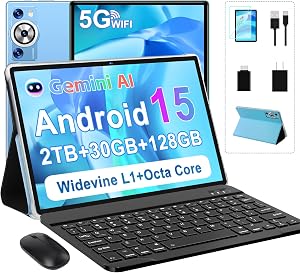 Android 15 Tablet, 30GB RAM 128GB ROM 2TB TF, 2026 Electronics Tablets 10 Inch 8000mAh with Keyboard Mouse, 2.0GHz, 5G WiFi, BT 5.0, GMS Certified, Incell Display, Gemini AI - Blue