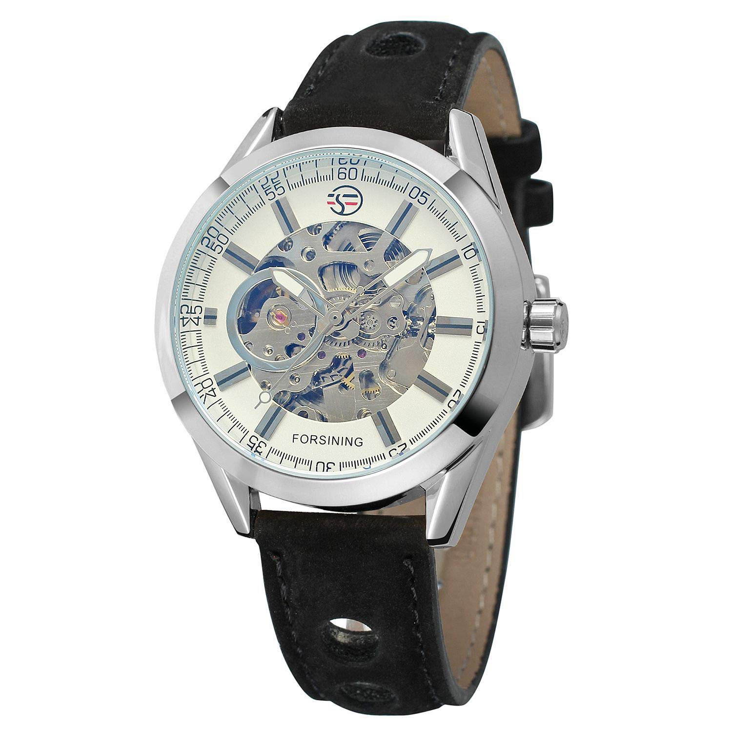 MASTOP Herren-Armbanduhr, automatisch, mechanisch, luxuriös, offenes Design, selbstaufziehend, Leder