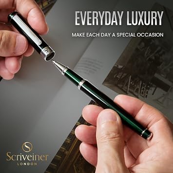 Scriveiner British Racing Green Rollerball - Stunning Luxury Rollerball Pen, Chrome Finish bundle with Rollerball Refill Black Medium - 4 Refills in one box