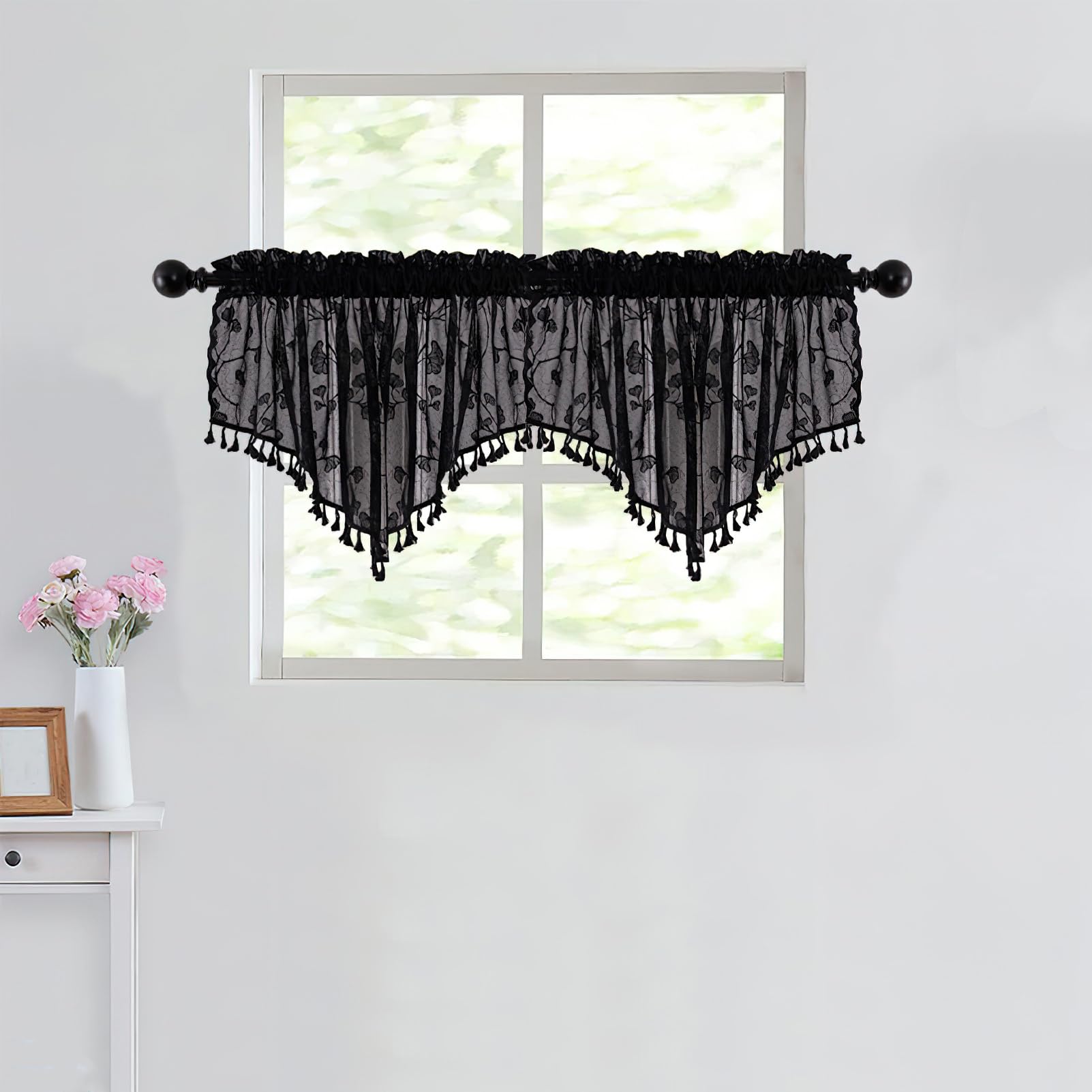 Lot de 3 cantonnières transparentes noires pour fenêtres, petits rideaux décoratifs en dentelle, pour cuisine, salon, motif feuilles
