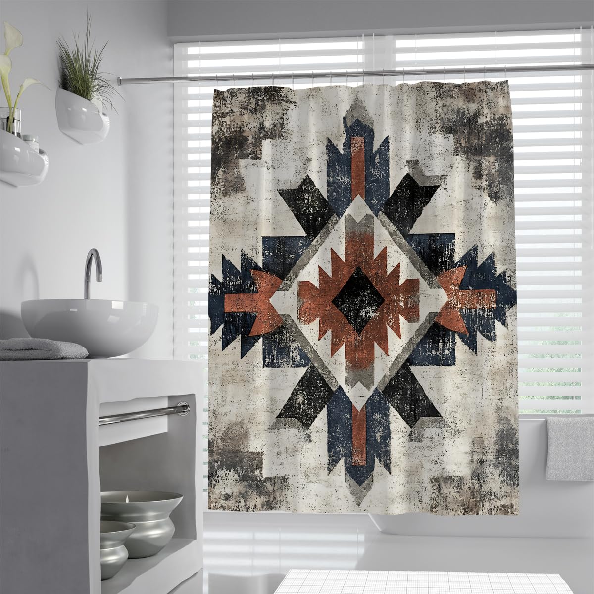 UERWOWELL Rustic Shower Curtain Vintage Distressed Southwest Geometric Diamond Medallion Fabric Bath Decor Tribal Aztec Bathroom Curtain Waterproof W90xL180 cm