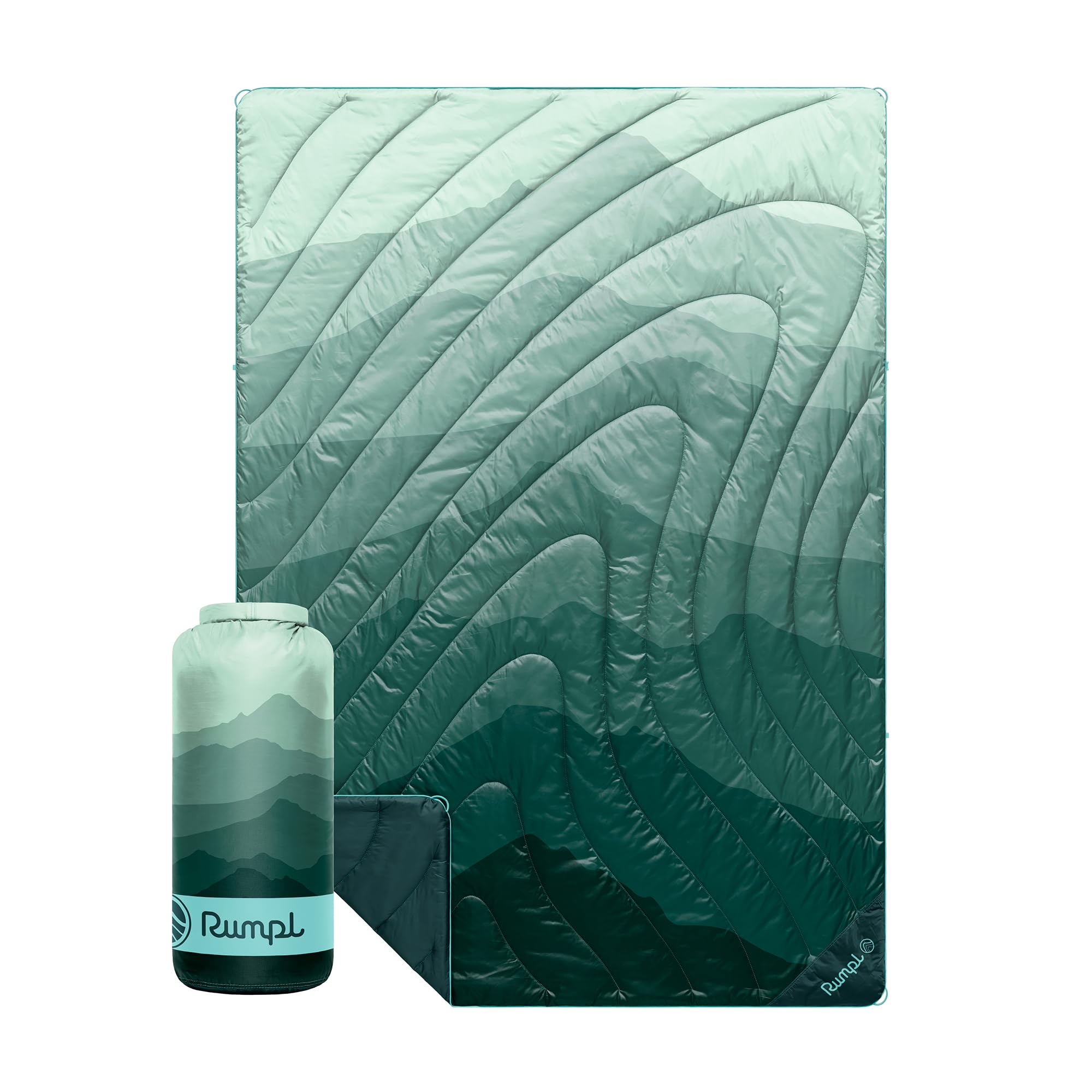 Rumpl Original Puffy Blanket - Warm, Water-Resistant Camping Blanket with 100% Recycled Synthetic Insulation, 52"x75", Original Puffy V2, Cascade Fade - Green