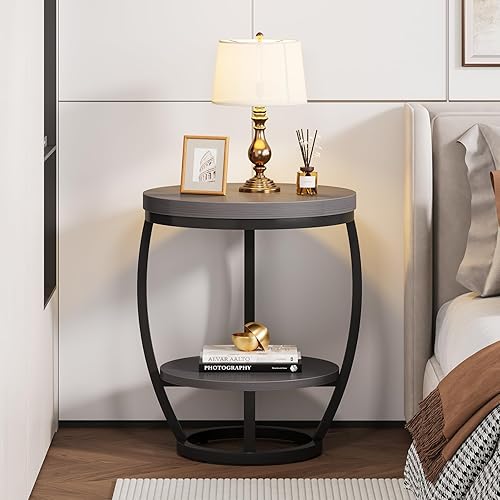 Miniatura 4 de Juego de 2 mesas auxiliares redondas, mesa auxiliar industrial de 2 niveles, mesita de noche con marco de metal, mesita de noche con estantes de