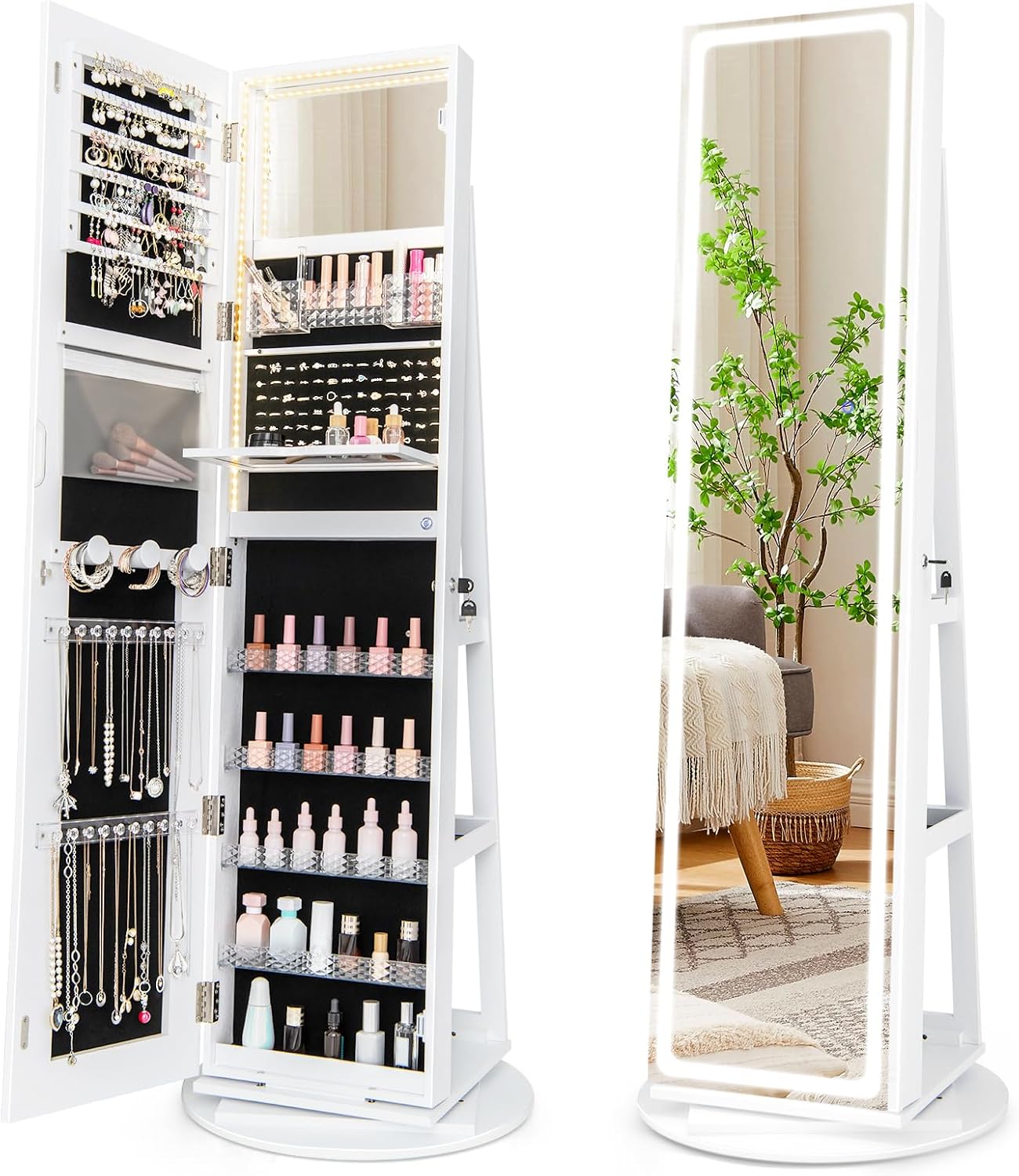 GOFLAME 360° Swivel Jewelry Cabinet Armoire with Full Length Mirror, Standing Jewelry Storage Organizer with Rear Storage Shelves, 3-Color LED Lights, Foldable Shelf, Interior Mirror, White