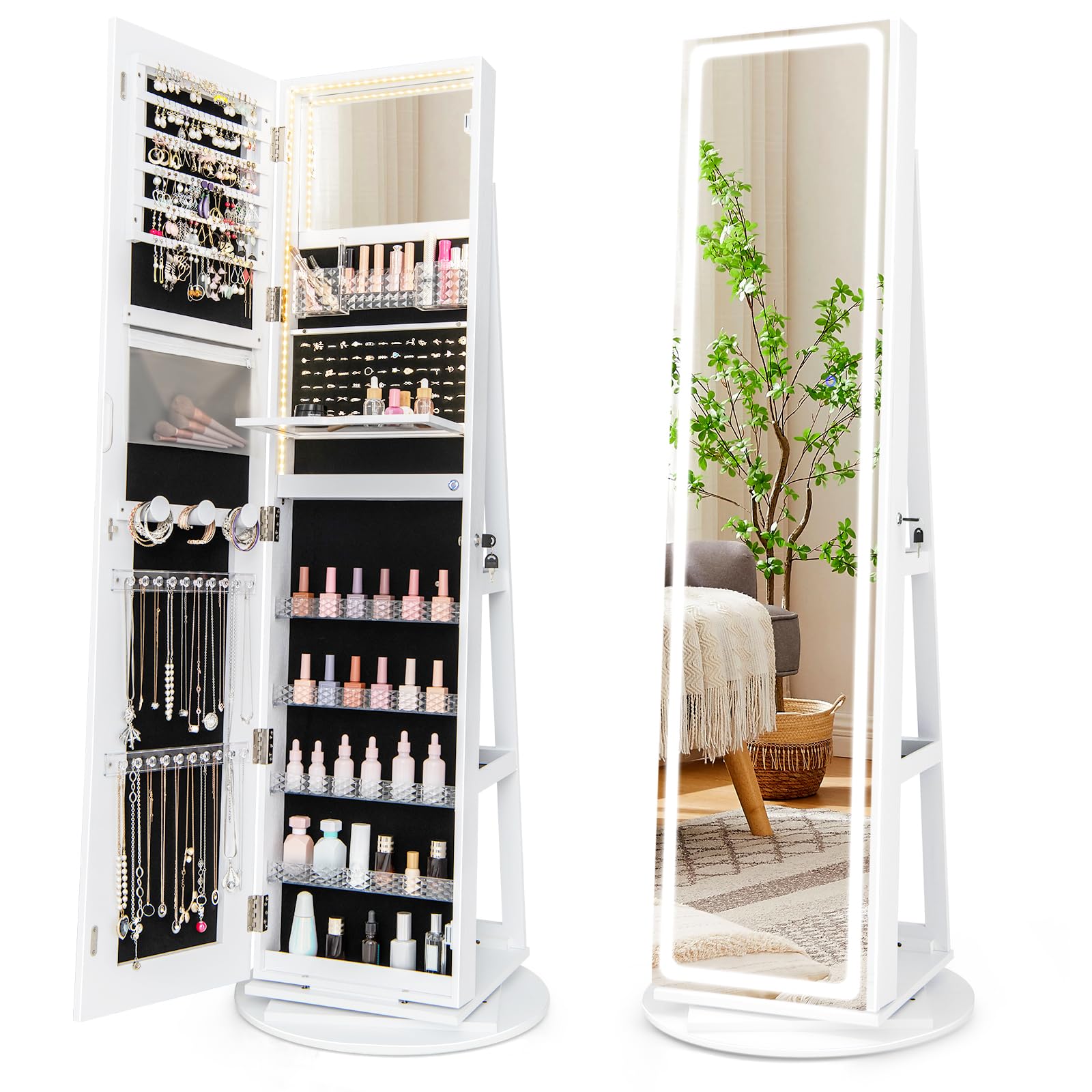 RELAX4LIFE Armario Joyero con Base Giratoria 360°y Espejo Cuerpo Entero, Espejo Joyero de Pie con Luces LED Luminosas, Organizador para Joyas y Accesorios (Blanco, 54,5x54,5x160 cm)