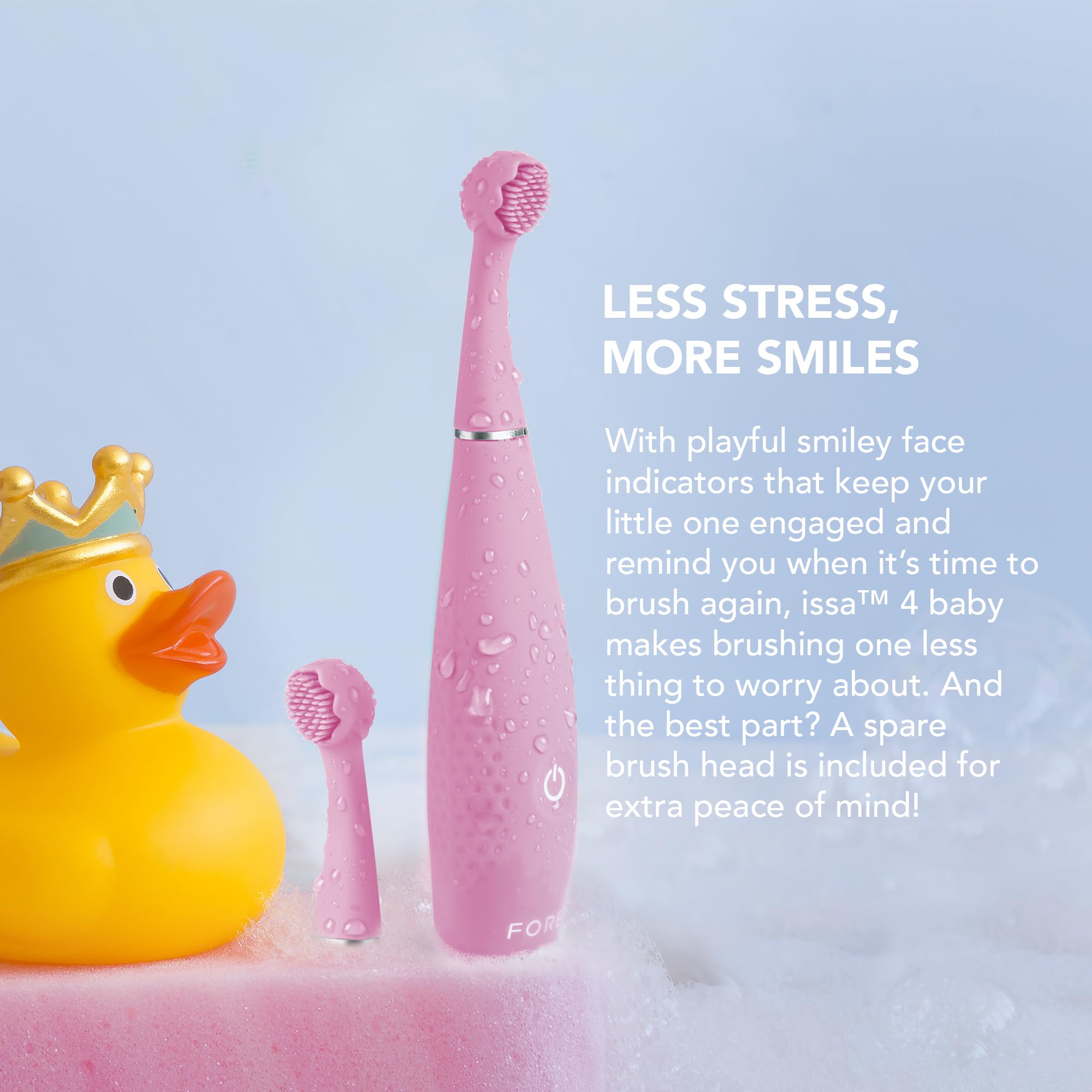 FOREO ISSA 4 Baby – Silicone Sonic Electric Toothbrush Bundle for Babies, 2-Sided Bristles, Fun Smile Feature, Gum Massage, 12 Months of Care with Extra Brush Head, Travel-Friendly - Pearl Pink
