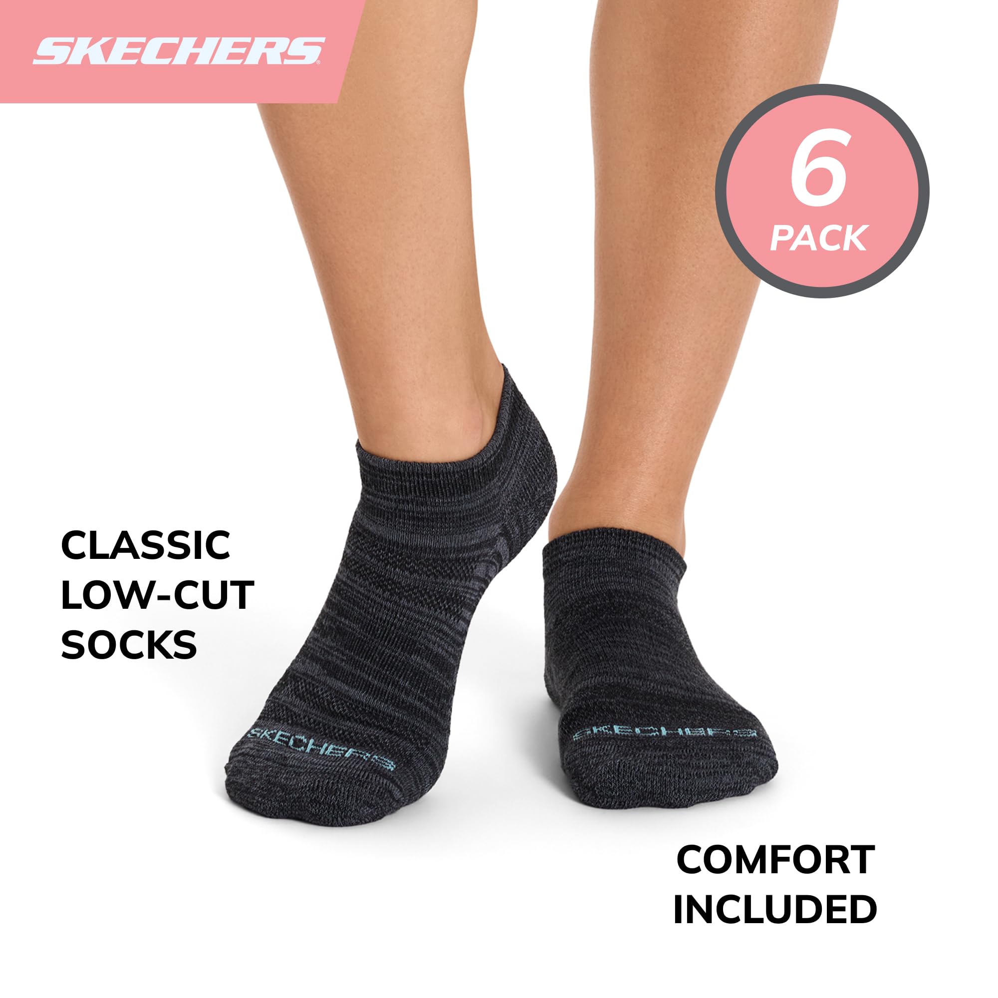 Skechers Damskie skarpety Performance Low Cut, oddychające & Cushioned Footbed, 6-pak ciemnoszarych nakrapianych, 9-11