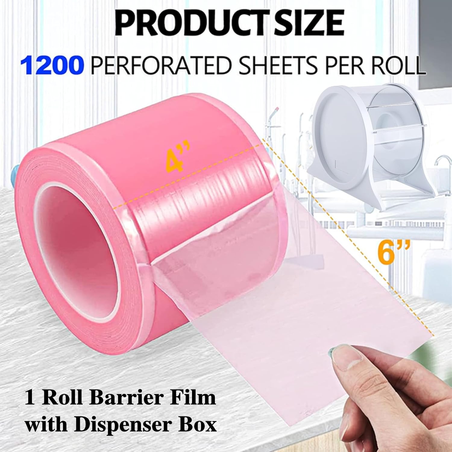 Barrier Film with Dispenser Box - Yuelong 1200 Sheets 4' x 6' Dental Barrier Film Roll and Dispenser Plastic Stand Holder, Thick Disposable Protective PE Film Barrier Tape for Dental Medical Tattoo