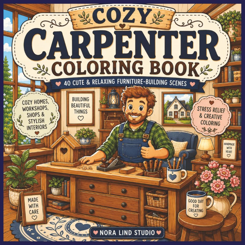Cozy Carpenter Coloring Book: 40 Cute & Relaxing Furniture-Building Scenes | Cozy Homes, Workshops, Shops & Stylish Interiors for Stress Relief and Creative Coloring