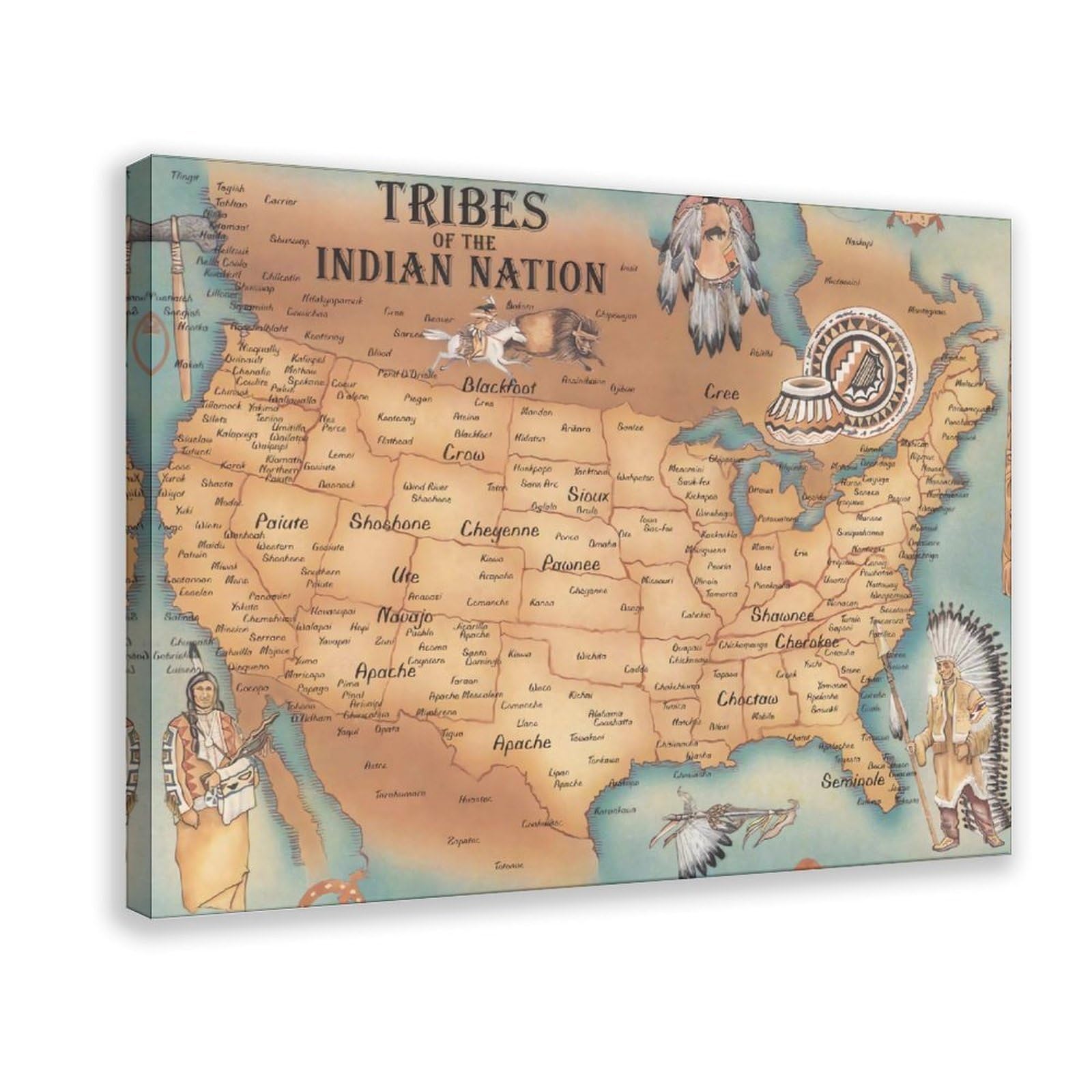 QNVJQKDSI Native American Tribes Map of North America，American History Vintage Canvas Poster Bedroom Decor Landscape Office Room Decor Gift 12" L X 18" W